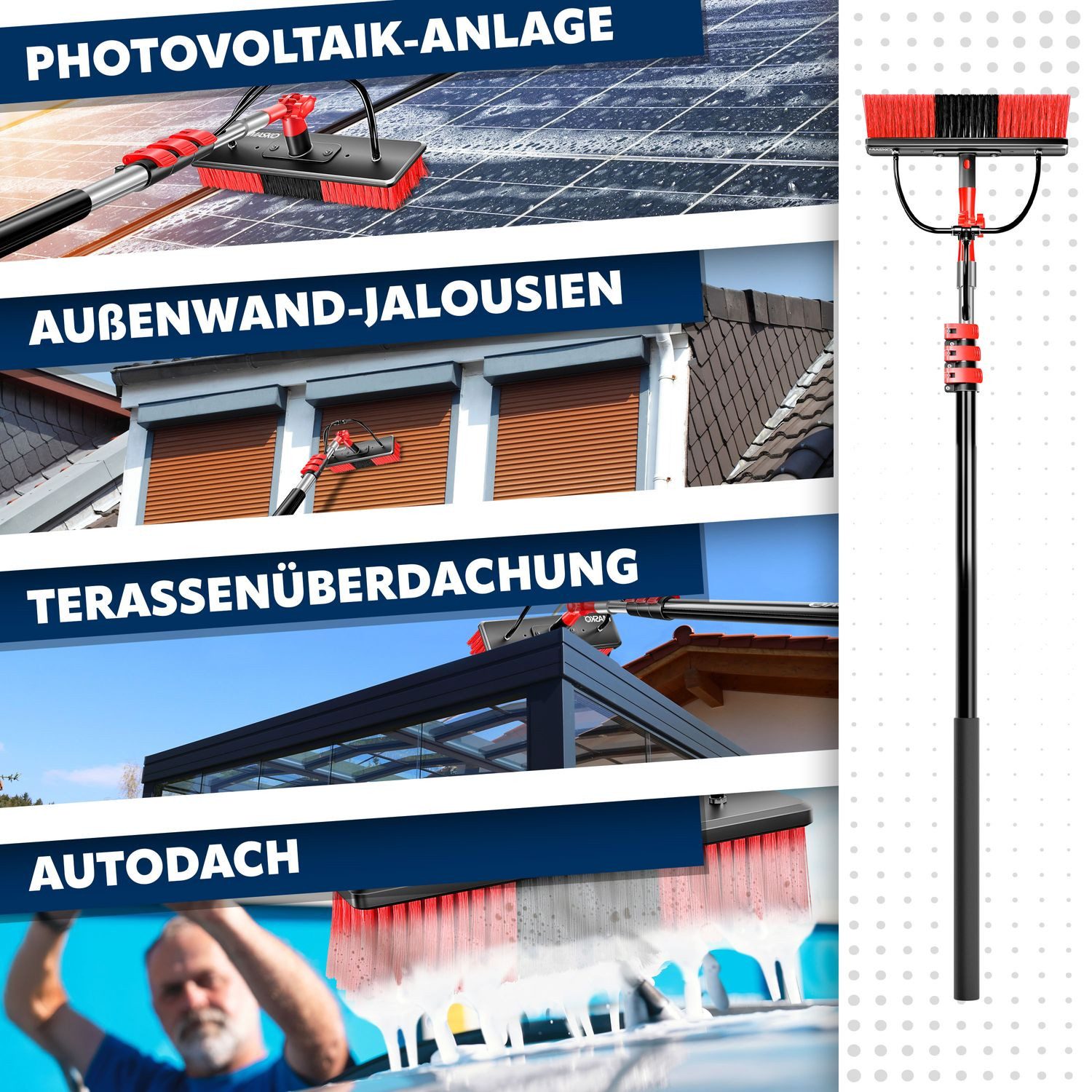 MASKO Reinigungsbürste, (mit Teleskopstage, Seifenspender & Handschuhe), Teleskop Waschbürste Teleskopstiel bis 5,4m Ausziehbar Weiche Borsten