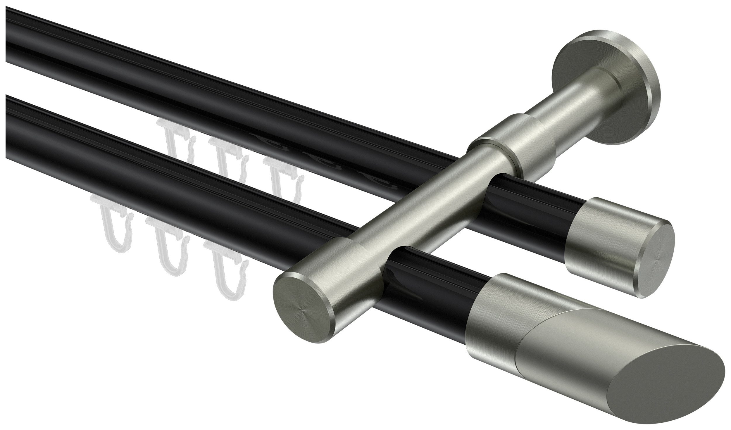 INTERDECO Innenlaufschiene Prestige Verano, Ø 20 mm, 2-läufig, Fixmaß, kürzbar, Wandmontage, Aluminium, Schwarz / Edelstahl-Optik / Bicolor