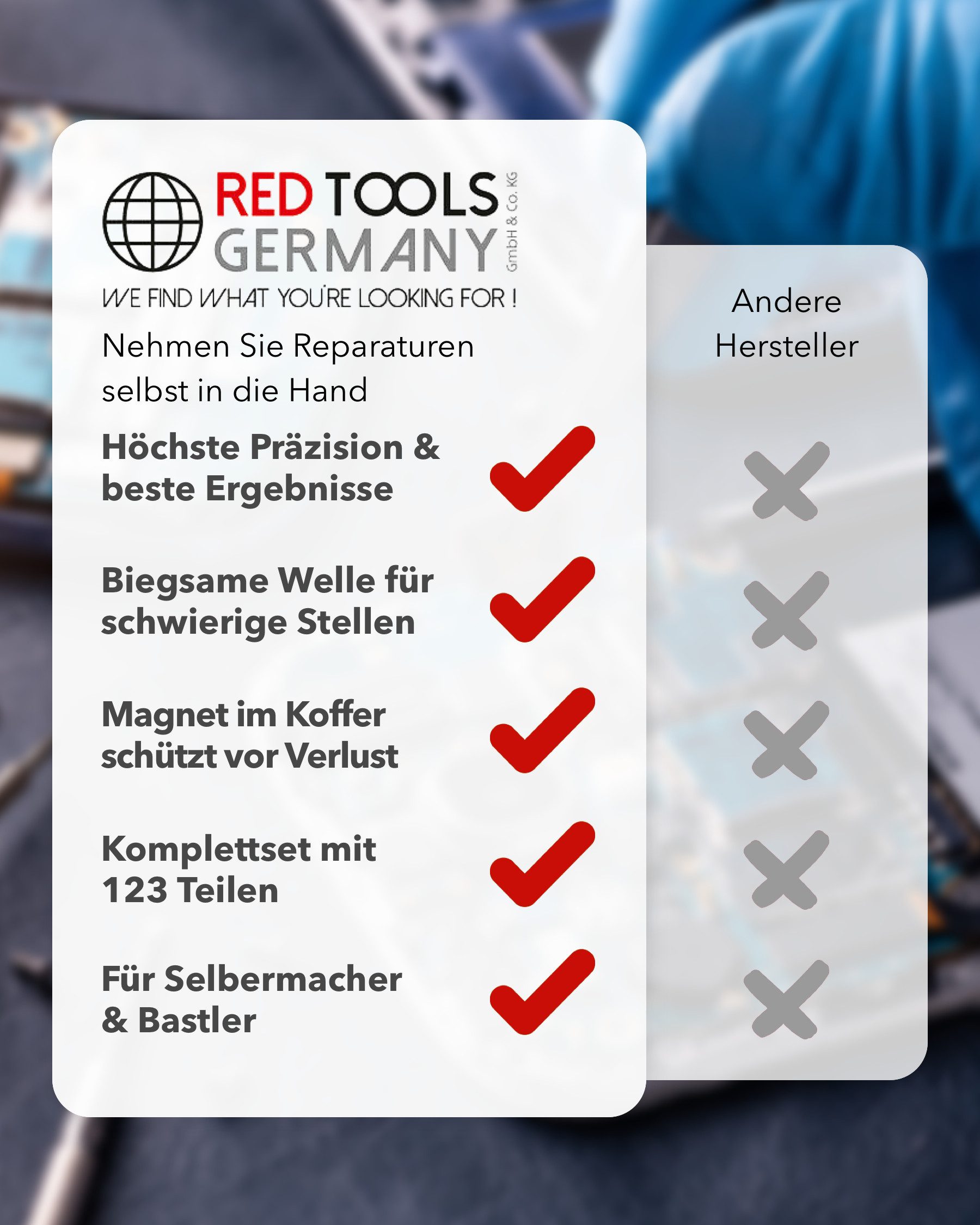 Red Tools Bit-Set Feinmechanik - Reparatur-Set - 123 Teile - viel Zubehör, Bit-Set, 123-St., Feinmechanik, Präzisions-Schraubendreher-Bits, Demontage-Zubehör, K – Bild 4 von 5
