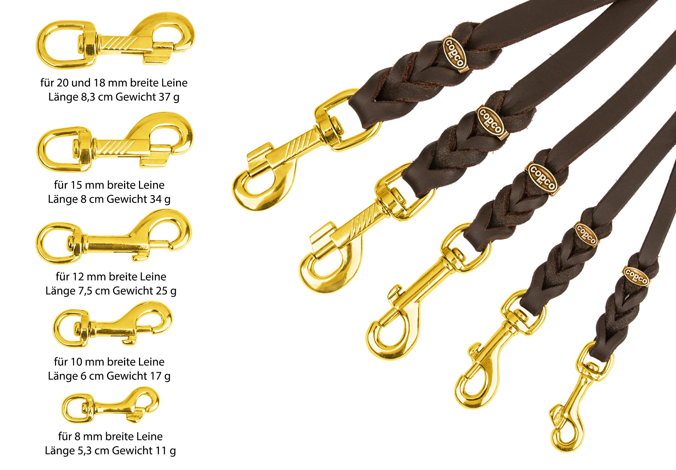 CopcoPet Hundeleine Lederleine ohne Handschlaufe Messing Schwarz 1,35 m x 10 mm, Leder