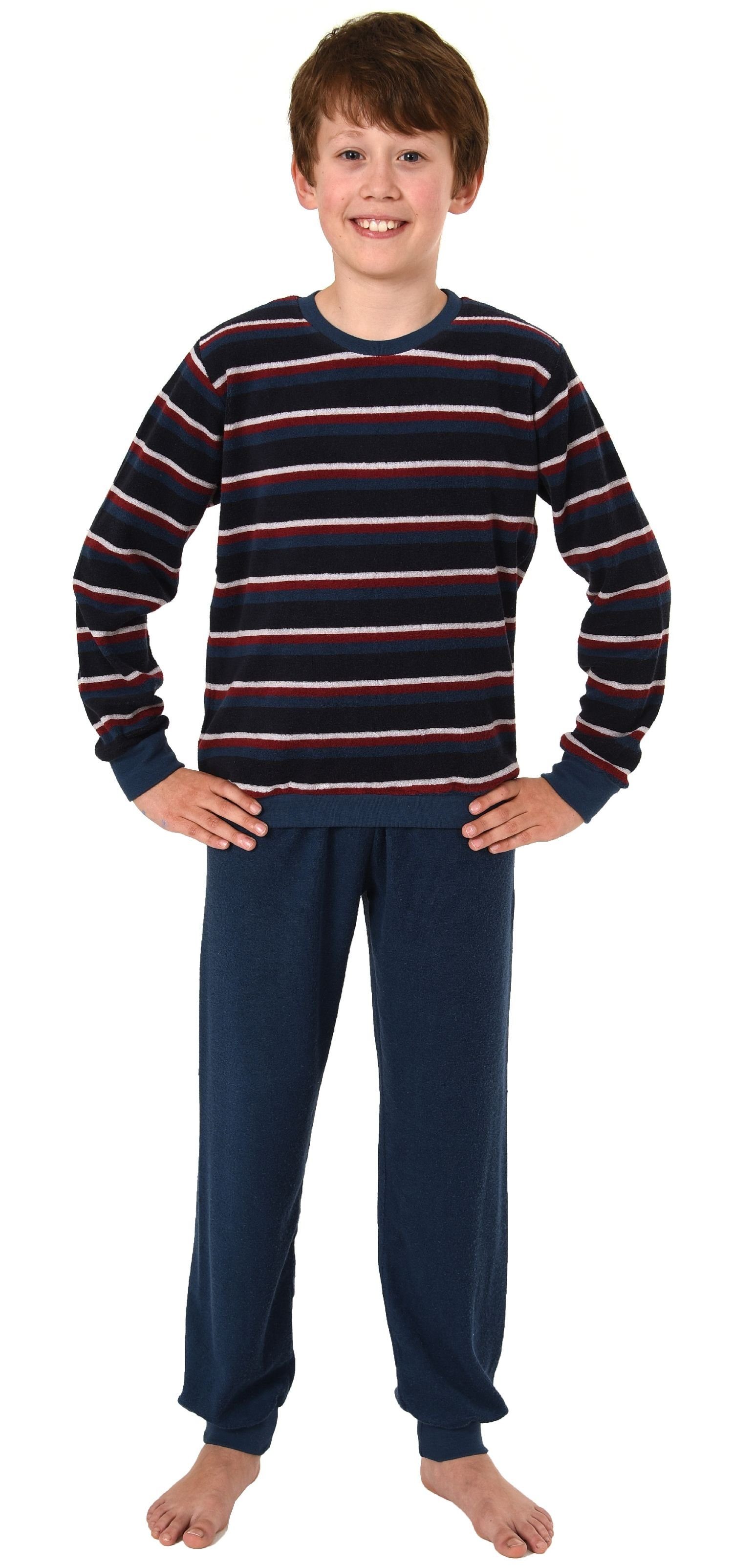 Normann Pyjama Jungen Frottee Schlafanzug Streifenoptik langarm marine Bündchen mit