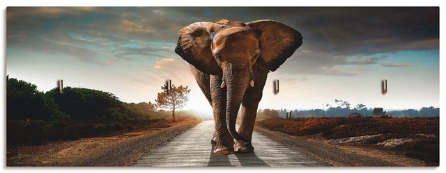 Artland Hakenleiste „Ein Elefant läuft auf der Straße“, aus Holz mit 4 Schlüsselhaken – Schlüsselboard, Schlüsselbretter, Schlüsselhalter, Schlüsselaufhänger für den Flur – Stil: Modern