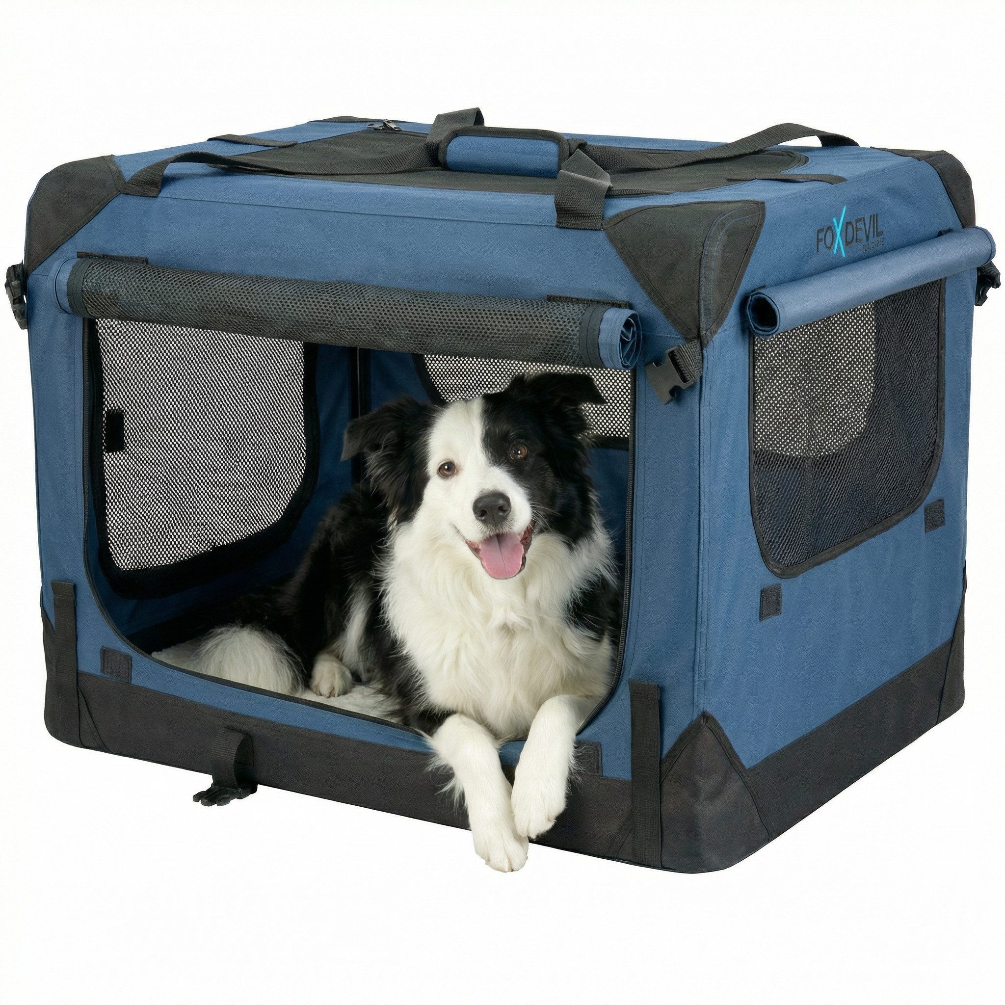 Xonic Hunde-Transportbox Foxdevil by xonic® Faltbare Hundebox / Transportbox (Dunkelblau, S)