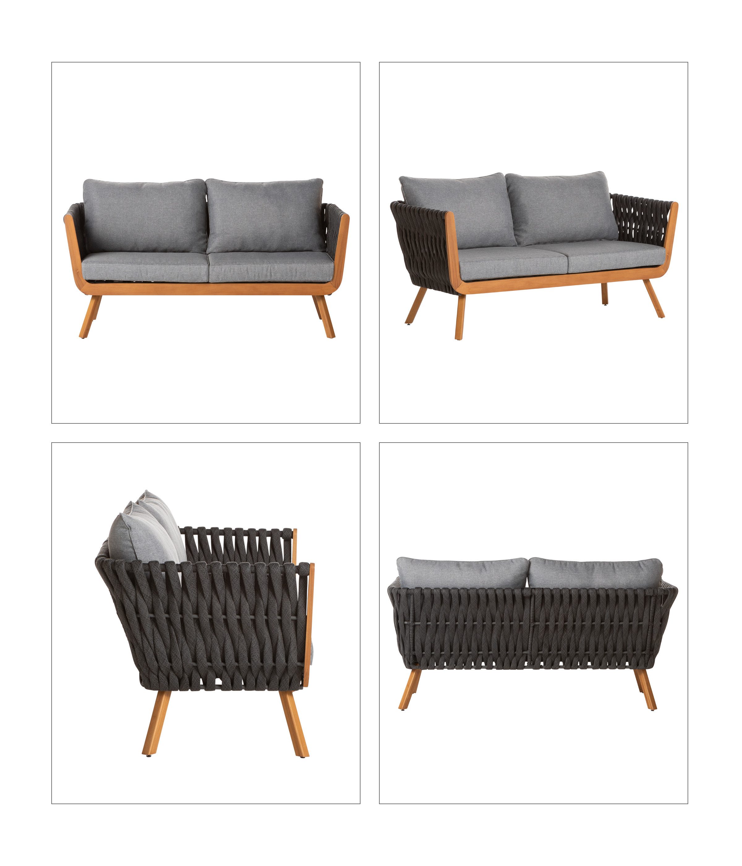 Dehner Balkonset Granada, 4-teilige Sitzgruppe, 1x Sofa / 2x Sessel / 1x Tisch, moderne Sitzgruppe aus FSC® zertifiziertem Teakholz