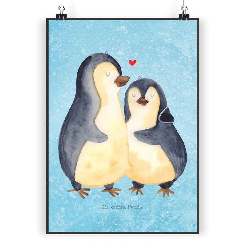Mr. & Mrs. Panda Poster DIN A3 Pinguin umarmend - Eisblau - Geschenk, Bild, glücklich, Poster, Pinguin umarmend (1 St)