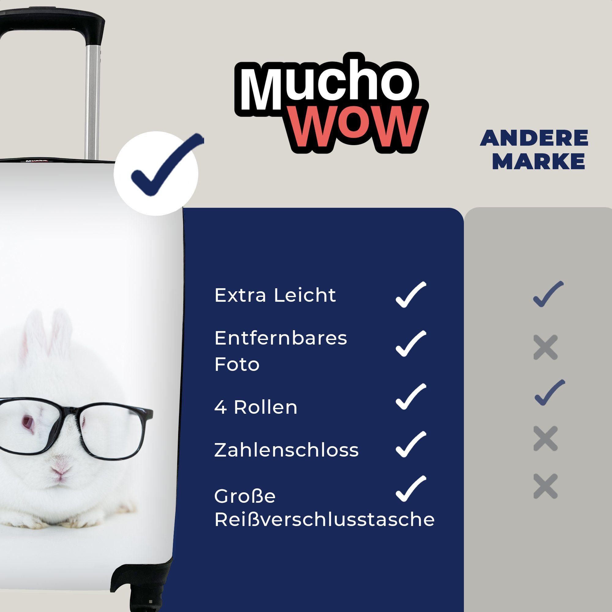 MuchoWow Handgepäckkoffer Kaninchen - 4 mit Reisetasche Brille Ferien, - rollen, Rollen, für Handgepäck Hipster, Reisekoffer Trolley