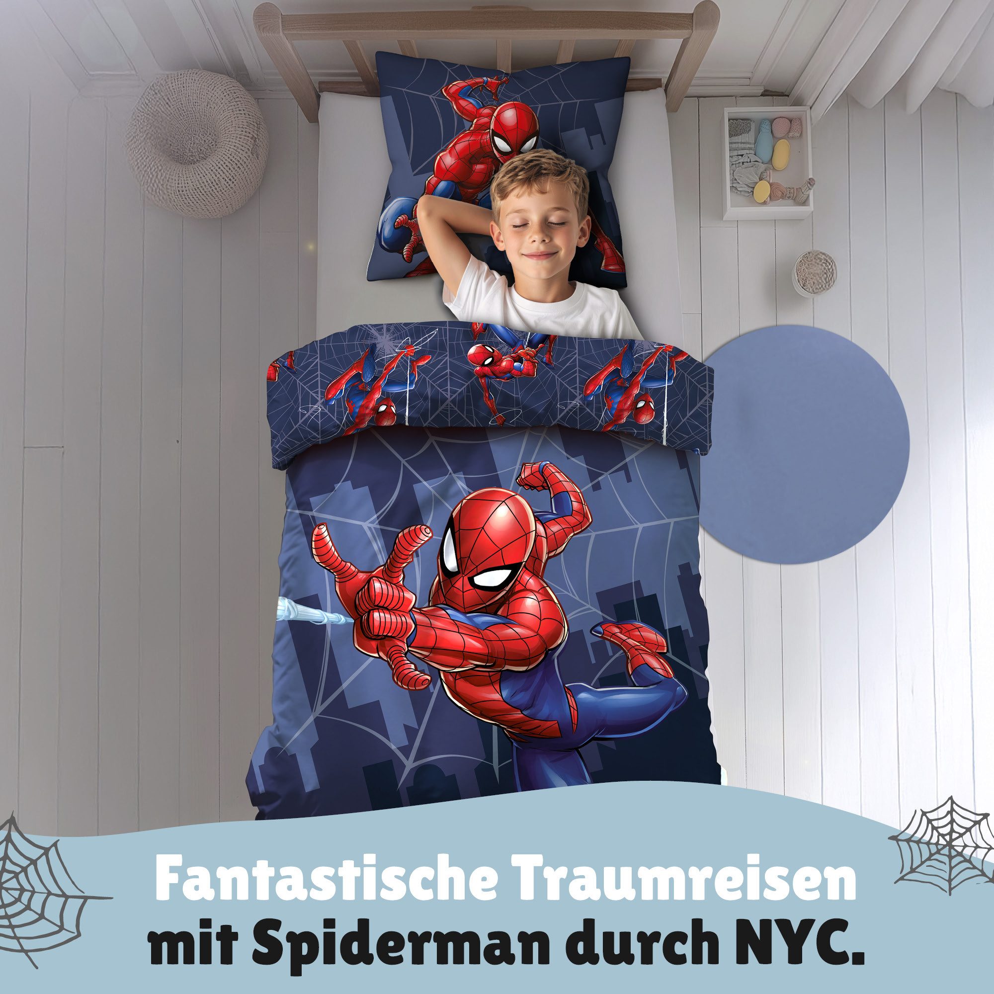 Familando Kinderbettwäsche Spiderman 135x200 80x80 cm aus 100% Baumwolle mit Reißverschluss, Renforcé, 2 teilig, mit Reißverschluss und Wendemotiv