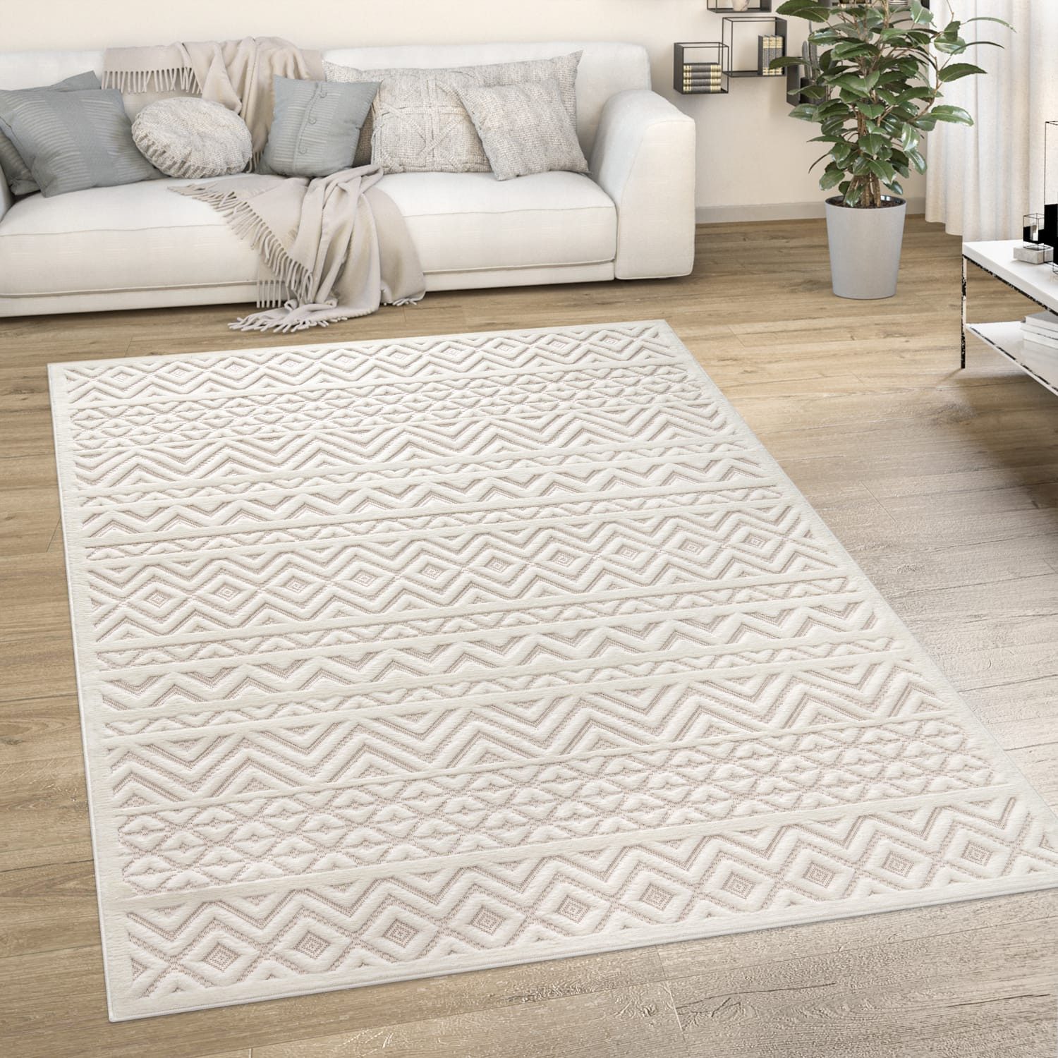 KADIMA DESIGN Teppich Struktur Wohnzimmer schmutzabweisend Teppich Kurzflor, Läufer, Höhe: 14 mm, Florhöhe: 10 mm, 100% Polypropylen, Läufer, 80x150cm, Creme