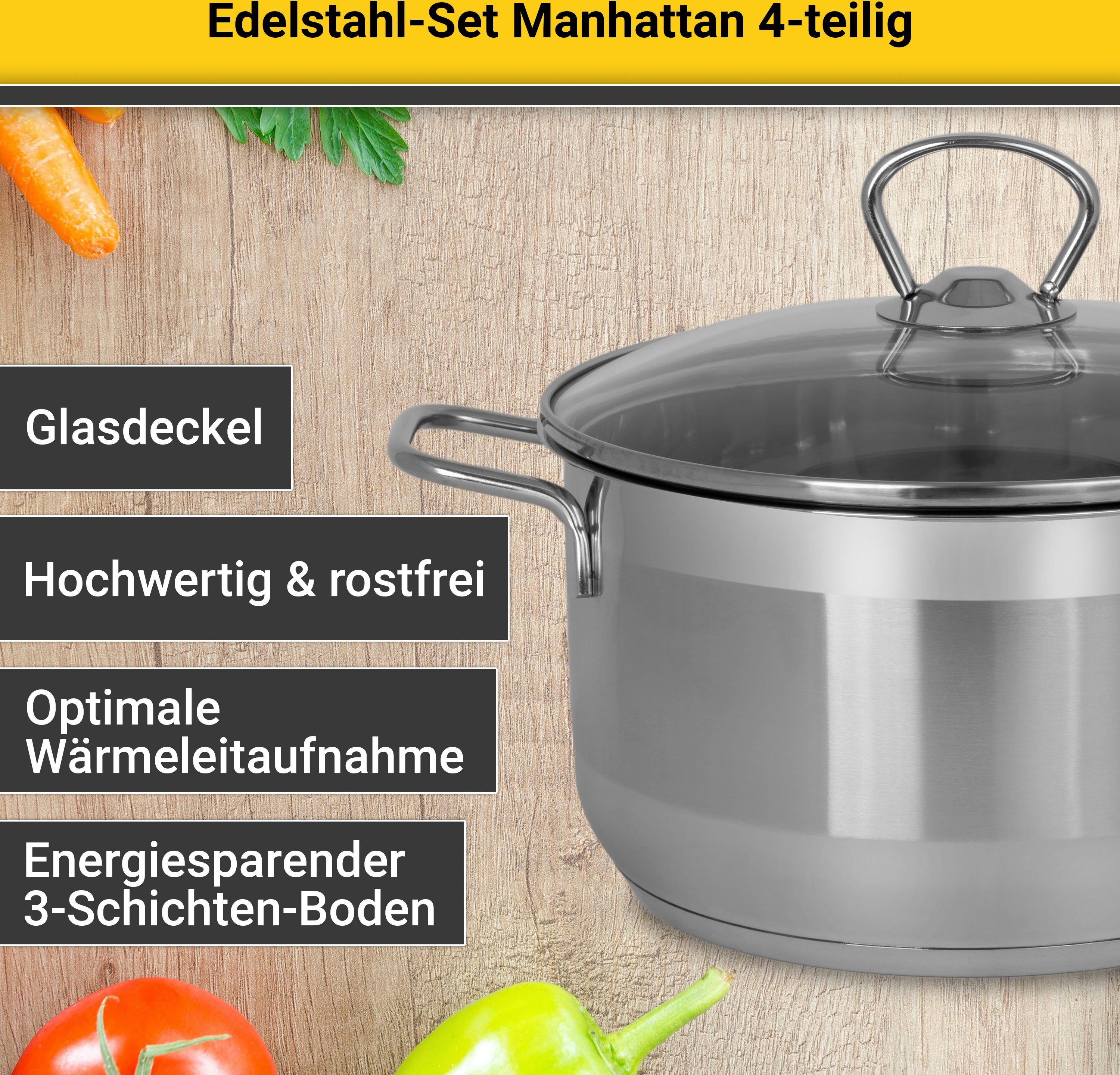 Krüger Topf-Set Manhattan, Edelstahl (Set, 7-tlg., Bratentopf Ø 20 cm, Fleischtopf Ø 16/20 cm, Stieltopf Ø 16 cm), für Induktions-Kochfelder geeignet