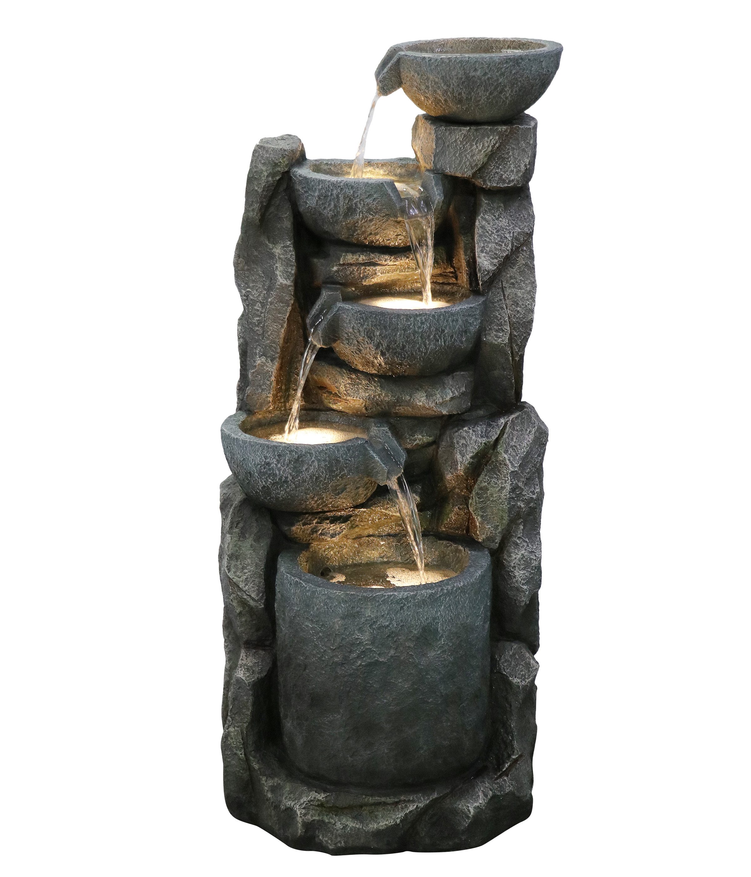 Dehner Gartenbrunnen Gresta, mit LED Beleuchtung, 40.5 x 97.5 x 40.5 cm, Polyresin, schwarz, 40,5 cm Breite, frostbeständig, solarfähiger Kaskadenbrunnen, inkl. Pumpe / Trafo