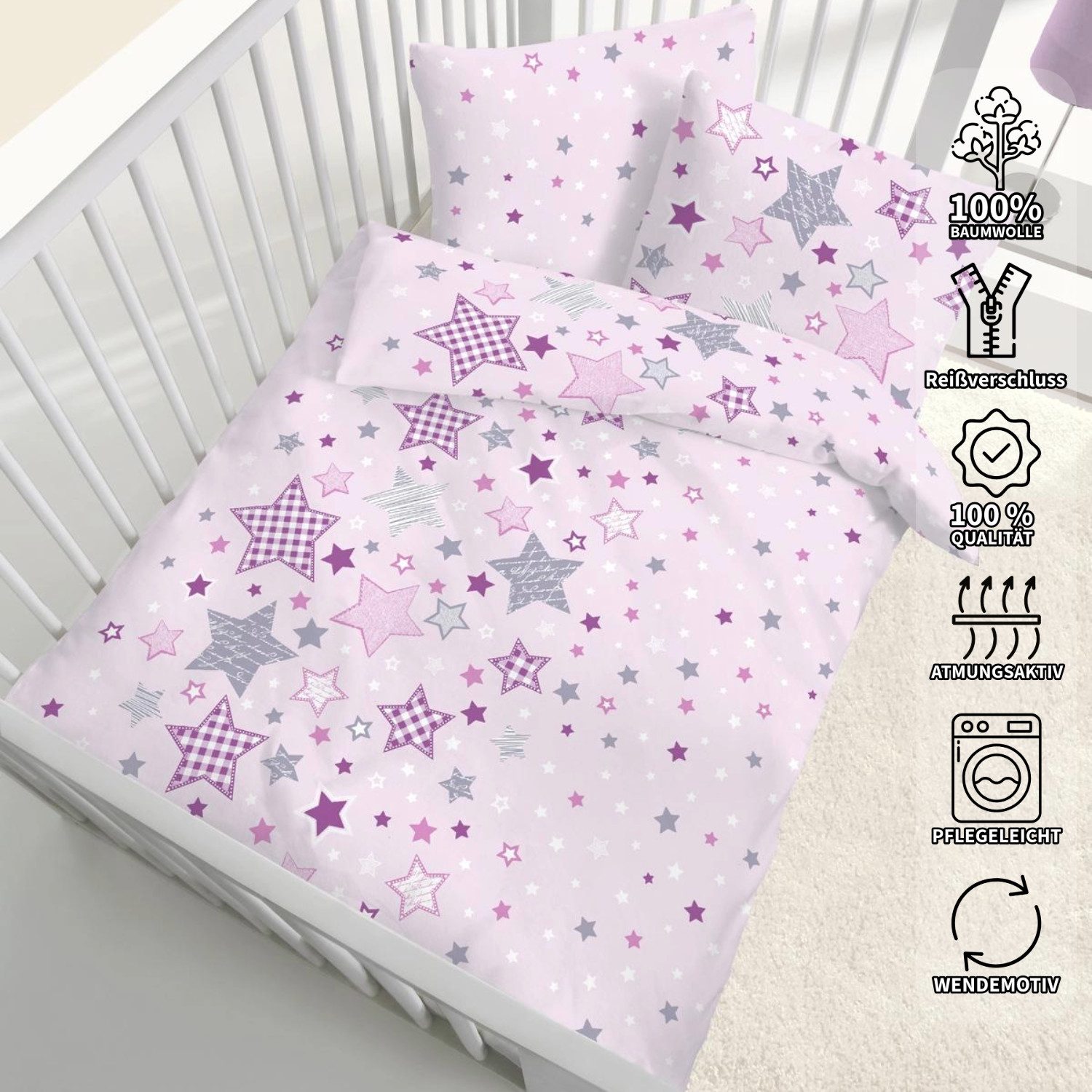 DOBNIG Babybettwäsche Baby Fein Biber Bettwäsche rosa mit Sternen 100x135 + günstig online kaufen