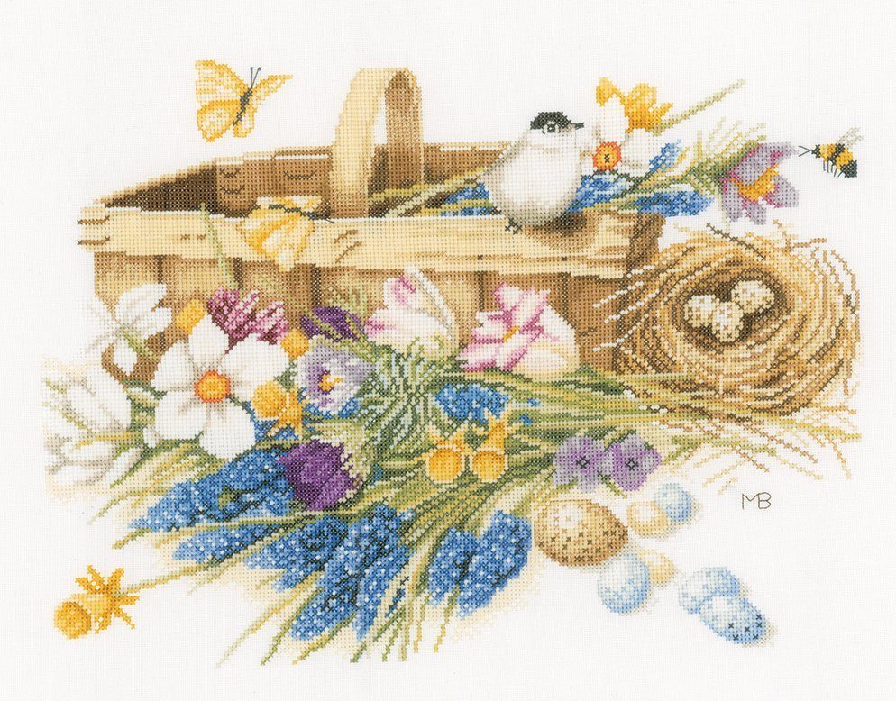 Lanarte Kreativset Lanarte Frühlingsblumen Korb mit Vogelnest Kreuzstichpackung, (Set, embroidery Kit), Made in Europe