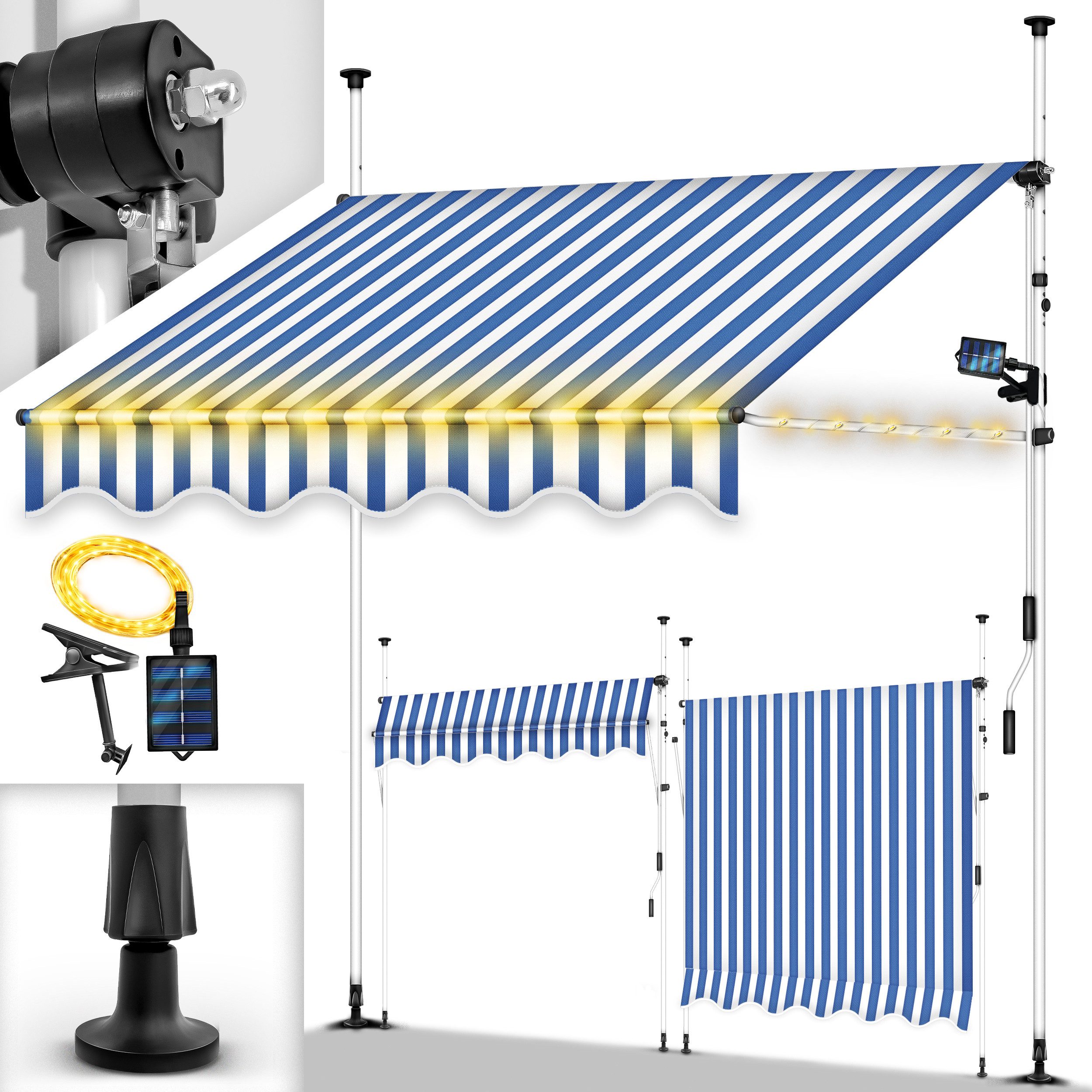 tillvex Klemmmarkise ohne Bohren mit LED & Handkurbel Balkonmarkise Markise Balkon (UV-beständig & höhenverstellbar Sonnenschutz wasserdicht)