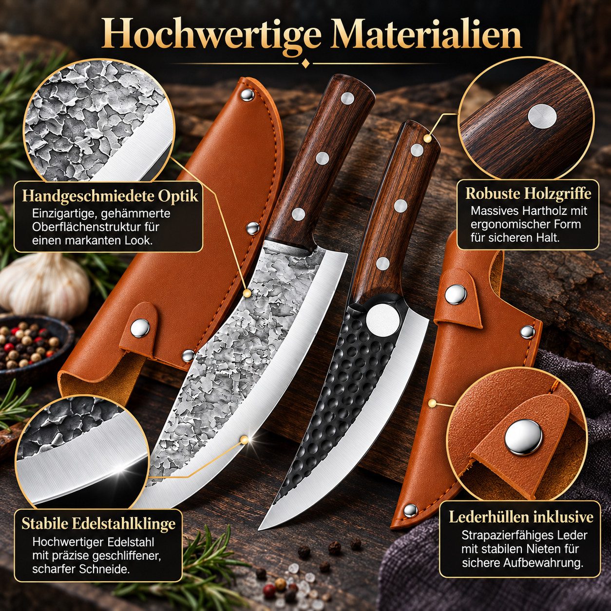 Diyarts Messer-Set 2er Butchermesser Set (hochwertiges Material mit Schutztasche, 2-tlg., Metzgermesser & Allzweckmesser), Edelstahlklingen, Holzgriff, gebogene – Bild 2 von 5