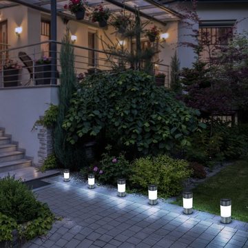 etc-shop LED Gartenleuchte, LED-Leuchtmittel fest verbaut, Neutralweiß, 6x LED Solar Lampen Edelstahl Außen Garten Weg Beleuchtung Steck
