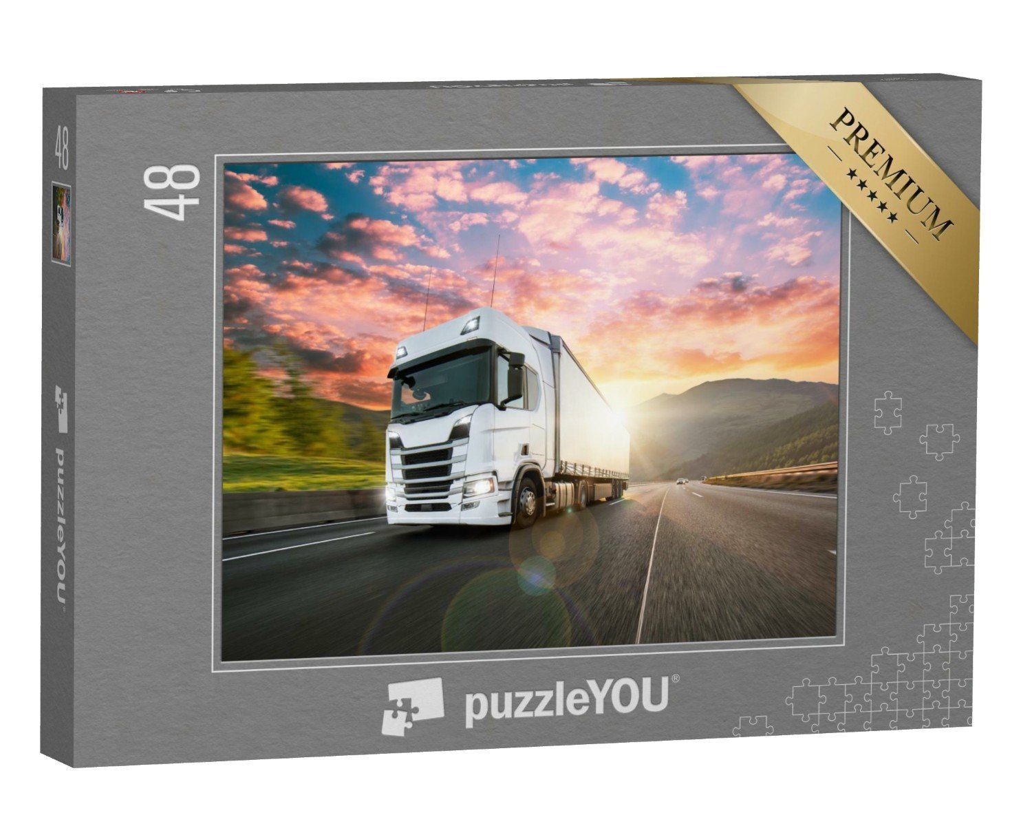 puzzleYOU Puzzle Weißer LKW mit Container auf der Autobahn, 48 Puzzleteile, puzzleYOU-Kollektionen Trucks & LKW