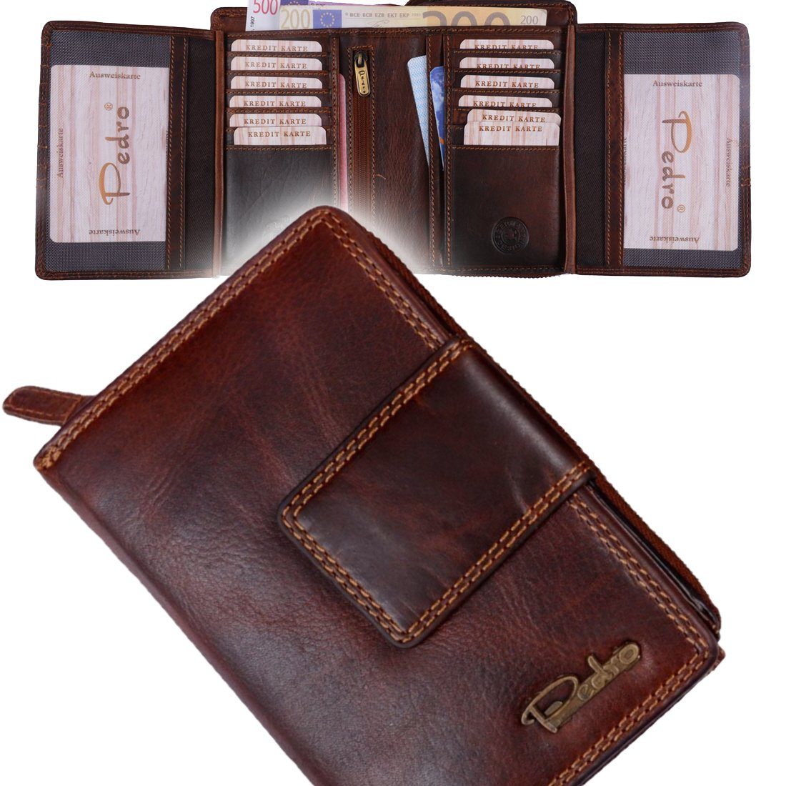 SHG Geldbörse »Damen Leder Börse Portemonnaie Frauen Geldbeutel Portmonee  Brieftasche«, Münzfach, Reißverschluss, Kreditkartenfächer, RFID Schutz