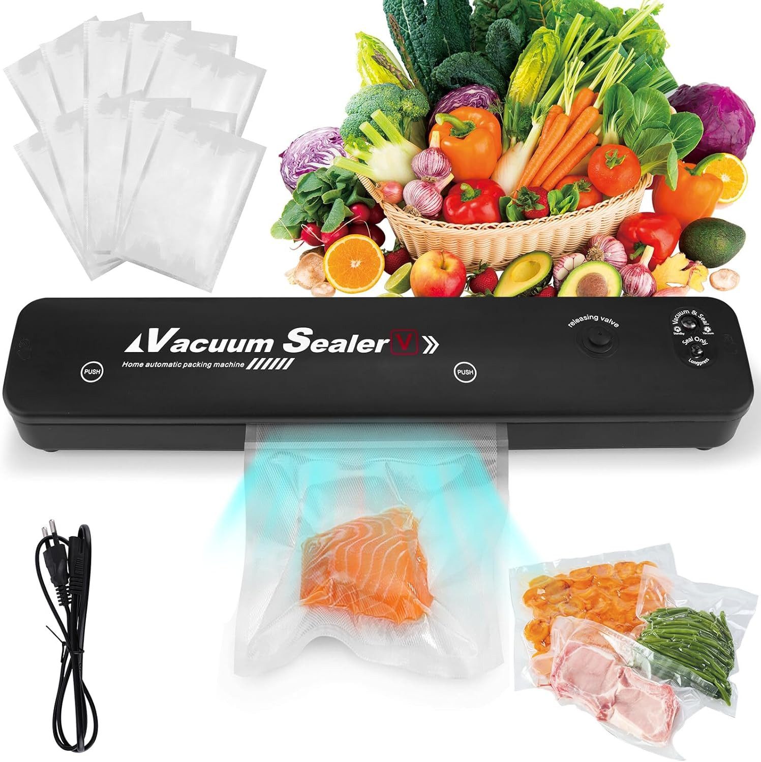 wohnTRAUM24 Vakuumierer Vakuumierer, Folienschweißgerät für Lebensmittel mit 60 Vakuumbeutel, Rollenbreite 30 cm, 100W, One-Touch-Vakuumiergerät für trockene oder feuchte Lebensmittel