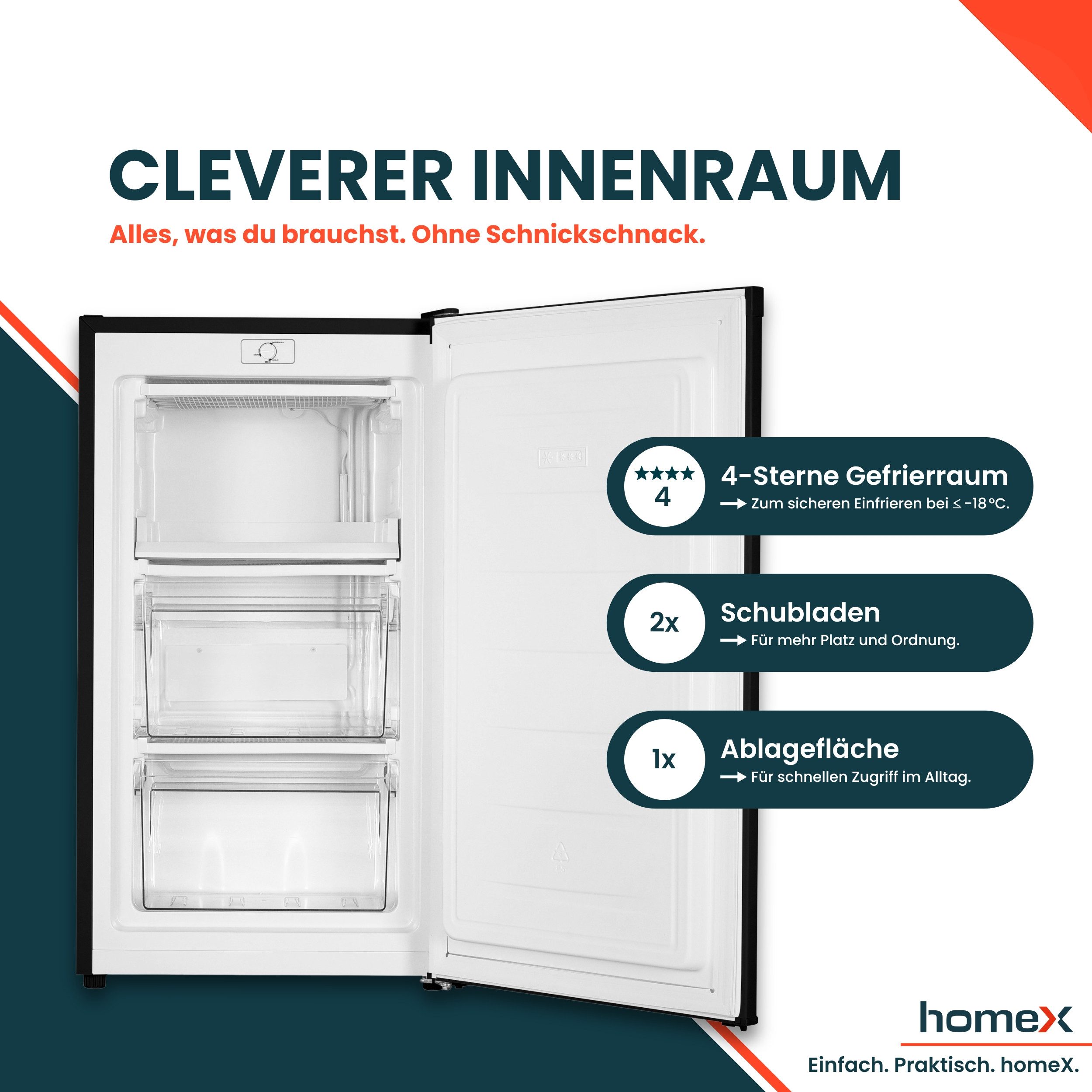 homeX Gefrierschrank FS1016-B, 85 cm hoch, 47.5 cm breit, 60 Liter, Tiefkühlschrank klein, Freezer, 4-Sterne Gefrieren, leise