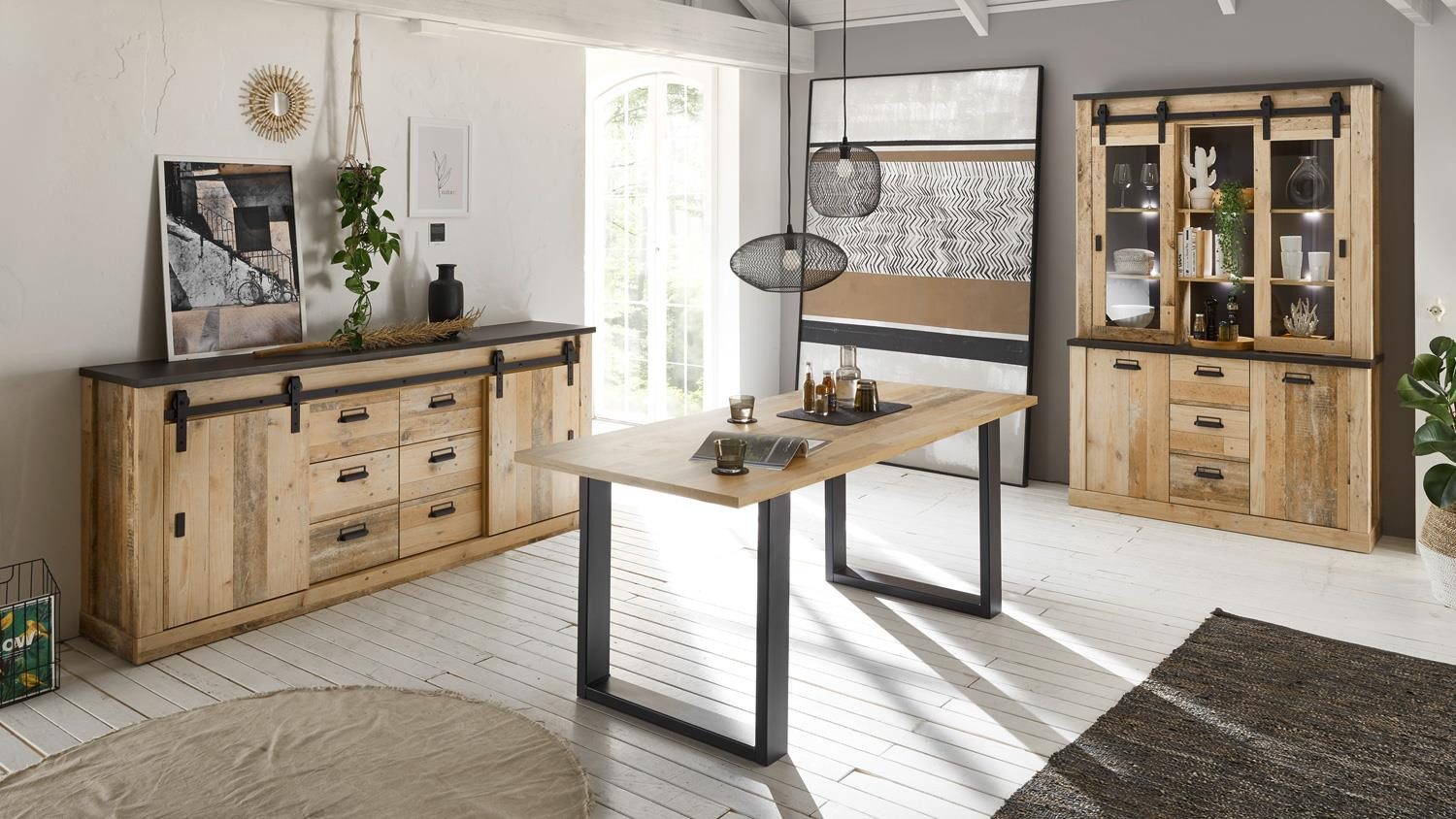 Möbel Akut Esszimmer-Set Esszimmer Sherwood D2 Old Style hell anthrazit soft-close, (3-St)