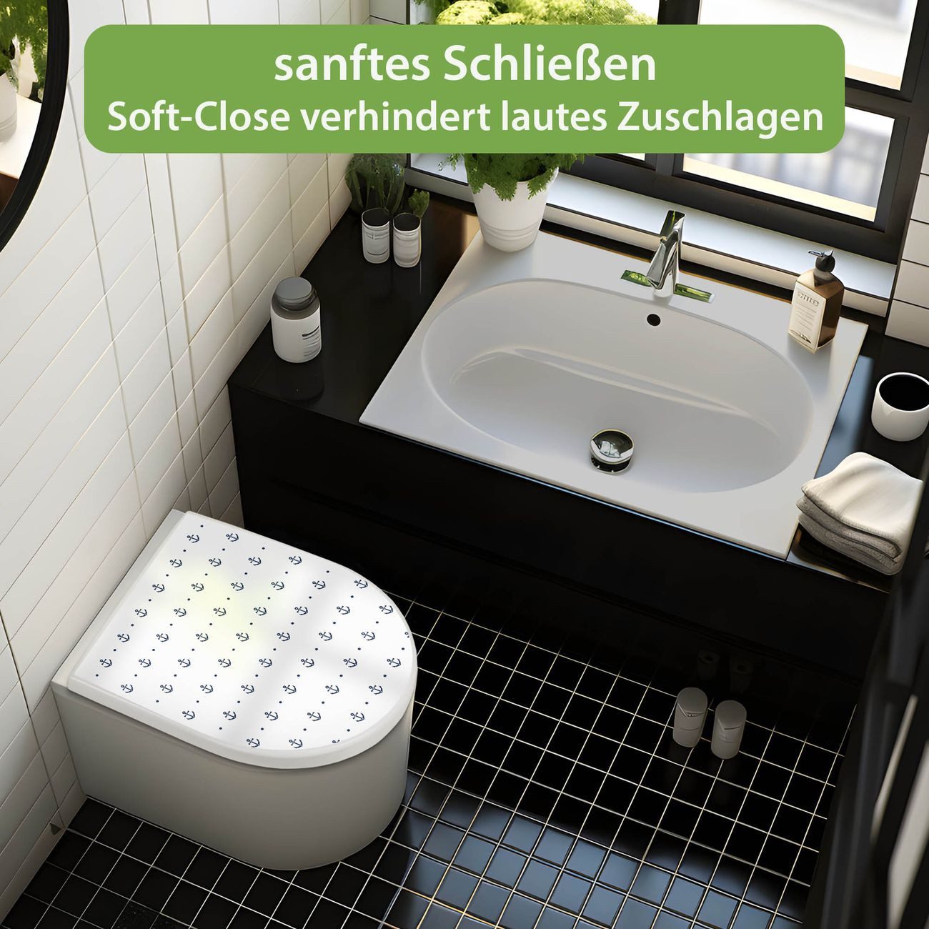 banjado WC-Sitz Premium D-Form mit Absenkautomatik Motiv Kleine Anker (umweltfreundliches Material, Softclose Absenkautomatik), 45 x 36,4 x 4