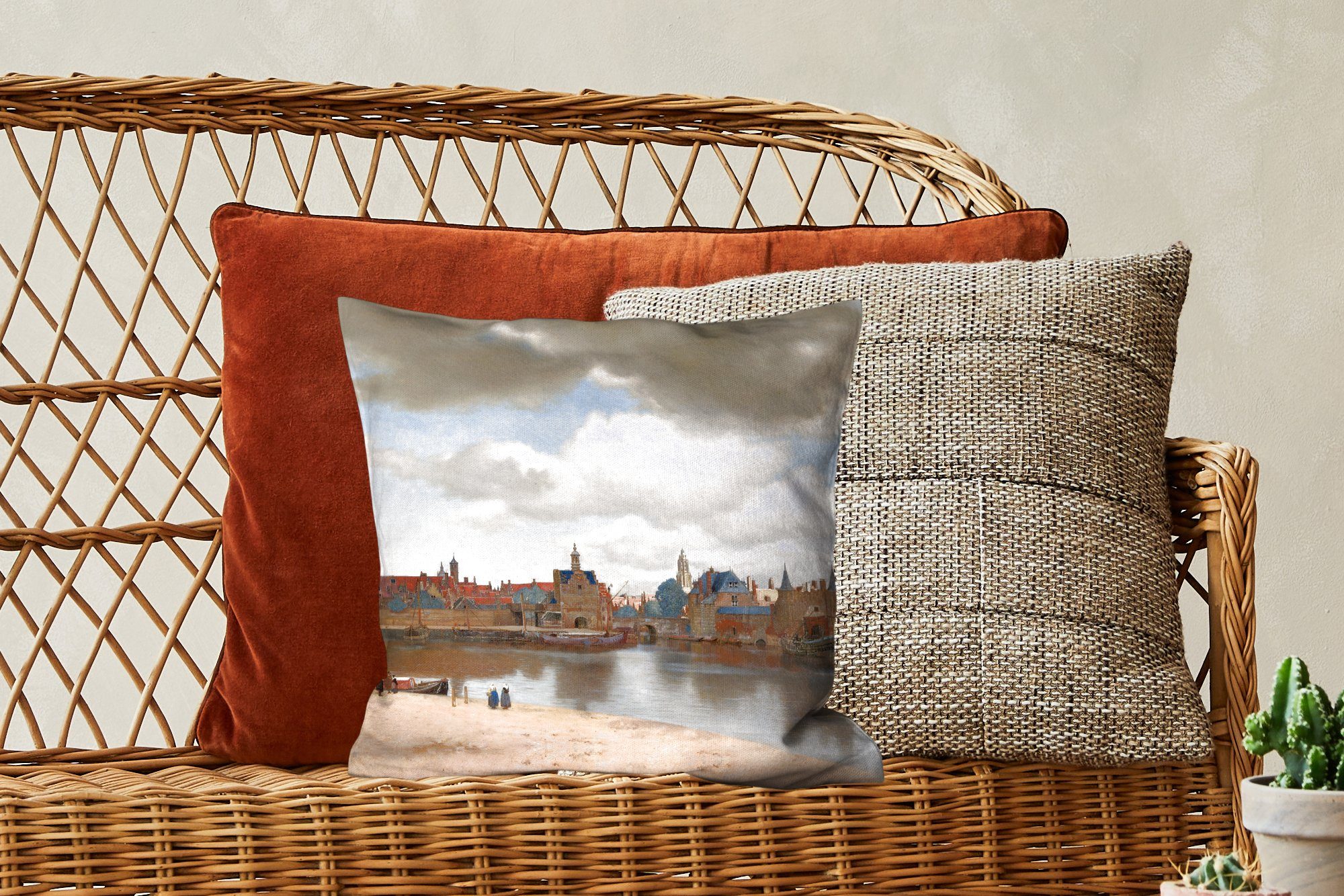 MuchoWow Dekokissen Ansicht von für Wohzimmer, Füllung mit Zierkissen - Johannes Delft Schlafzimmer, Gemälde Sofakissen Vermeer, von Deko
