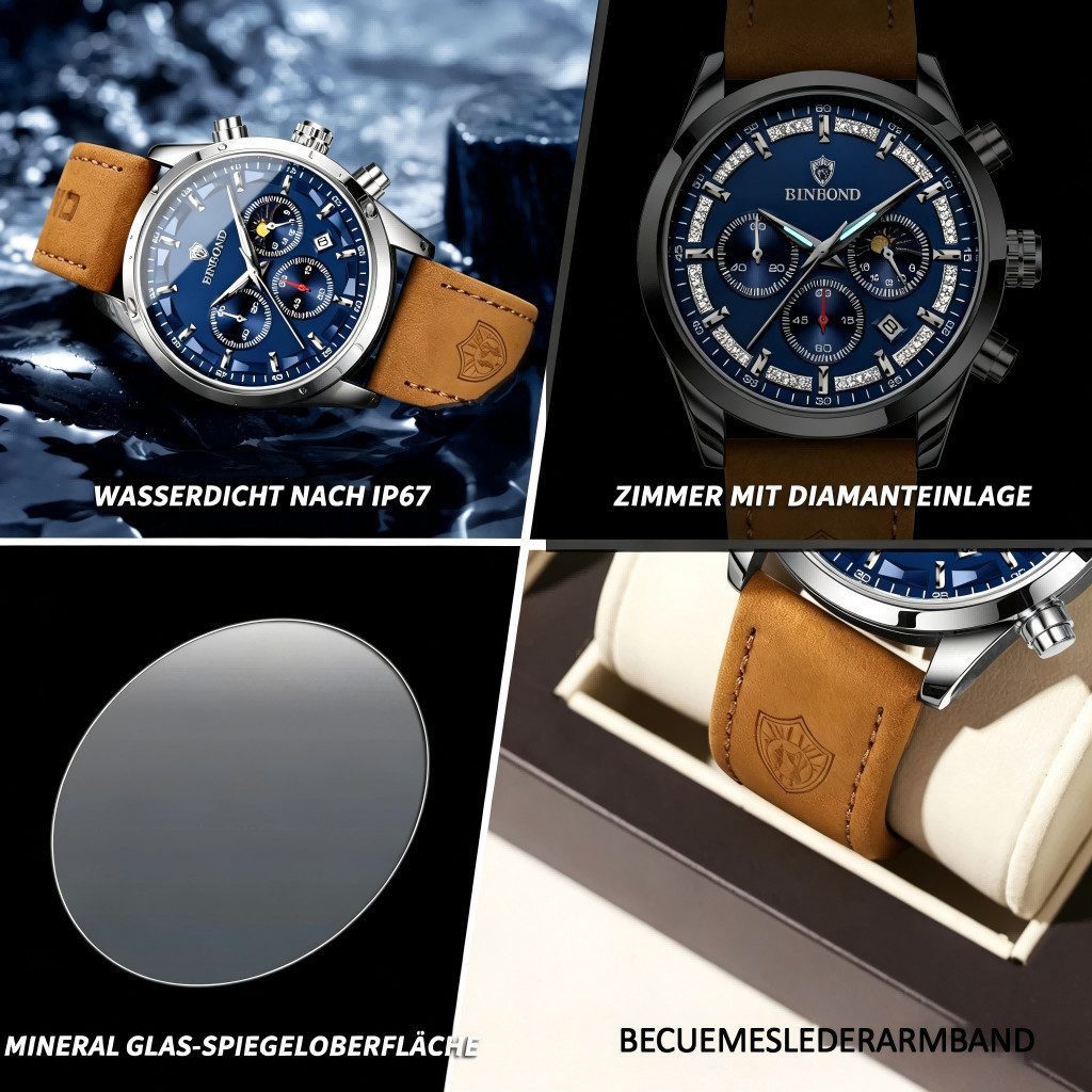 Fyrove Quarzuhr Herrenuhr Chronograph 42 mm mit Lederarmband, Datum, Leuchtzeigern, (Mineralglas, Quarzwerk, 3 ATM), analoge Armbanduhr für Business & Freizeit