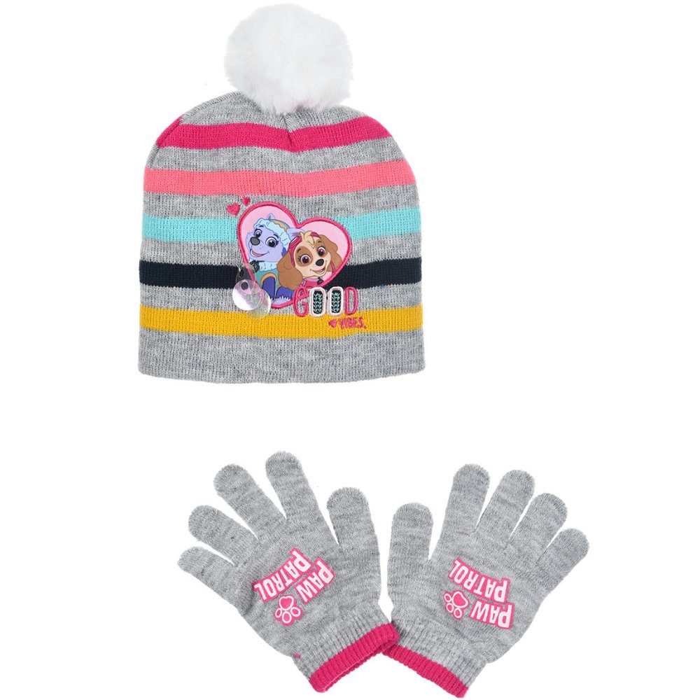 PAW PATROL Bommelmütze Paw Patrol Skye Everest Kinder Wintermütze plus Handschuhe Gr. 52 bis 54 Rosa Blau