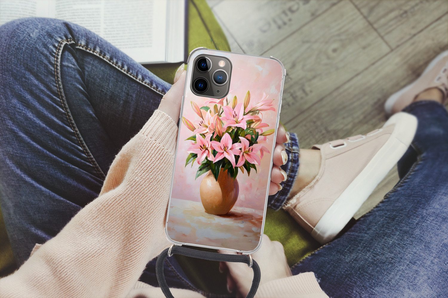 MuchoWow Handyhülle für Apple iPhone 13 Pro Max Vase - Blumen - Rosa, Tragbare Handyhüllen mit Kette zum umhängen, Handykette Handyband