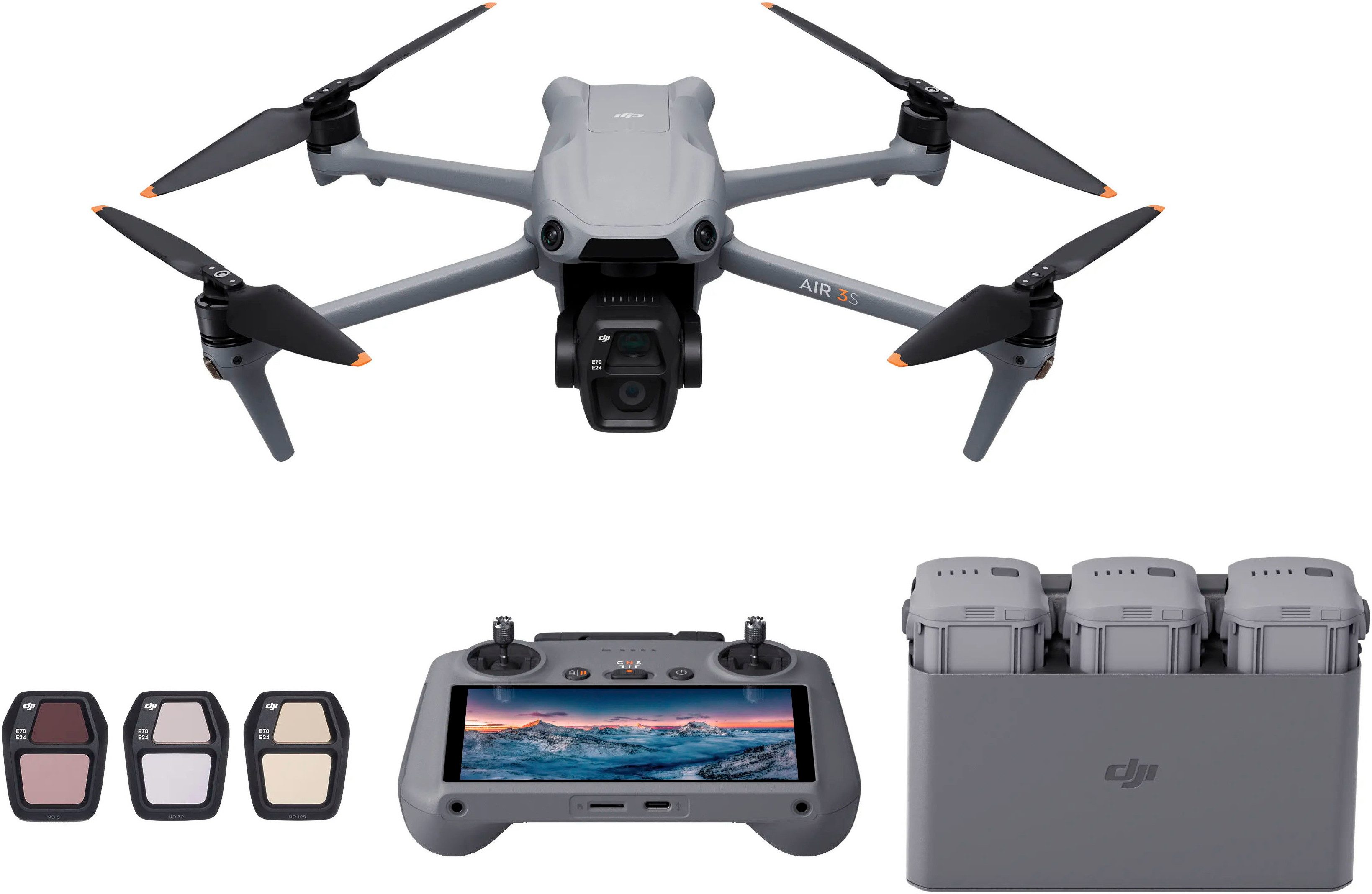 DJI Air 3S Fly More Combo (DJI RC 2) Drohne (4K Ultra HD, DJI RC 2 Fernsteuerung, 3 Akkus, Ladestation und Umhängetasche) grau