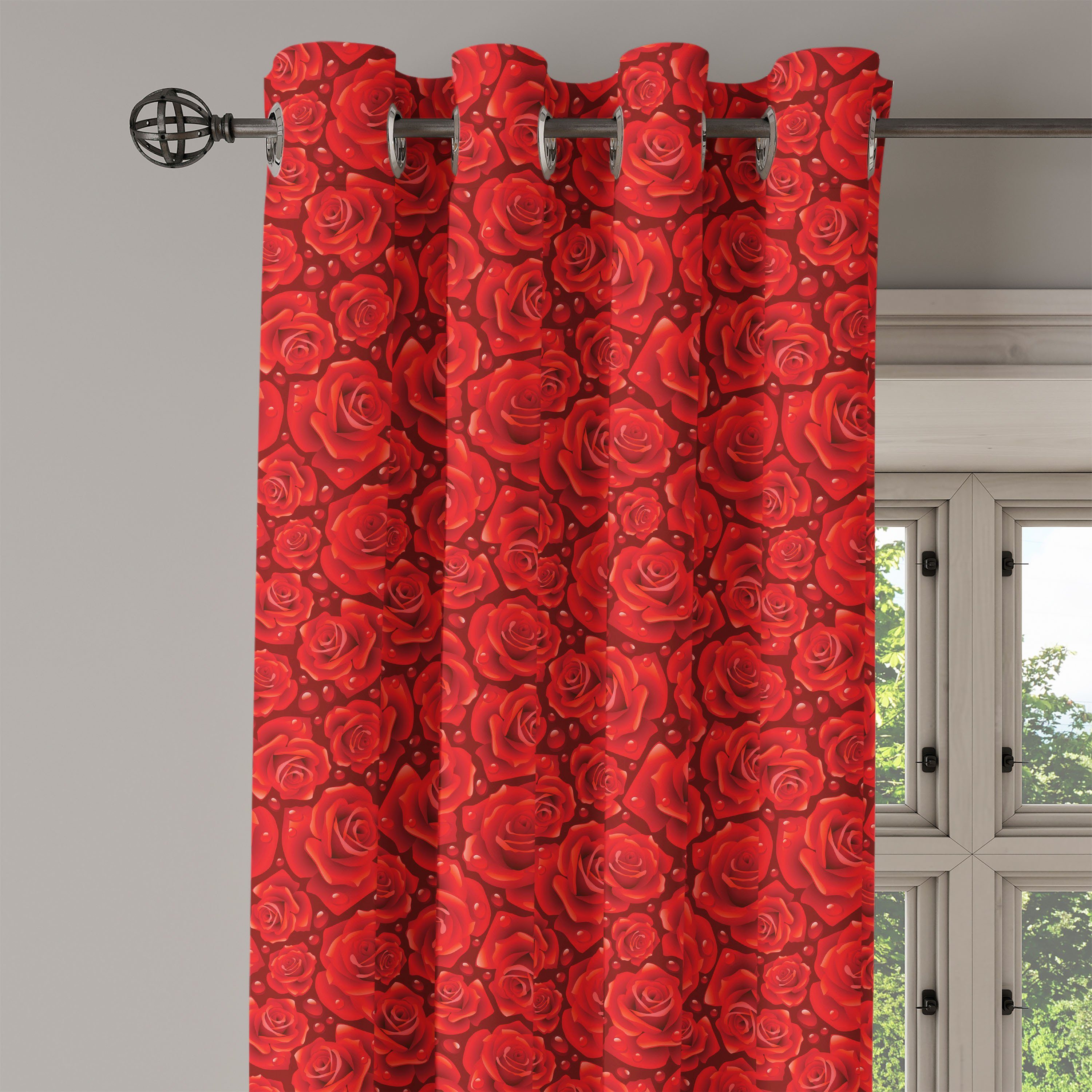 für Gardine Dekorative 2-Panel-Fenstervorhänge Wohnzimmer, Regen-Tropfen Rote Rose Rosen Schlafzimmer Wasser Abakuhaus,