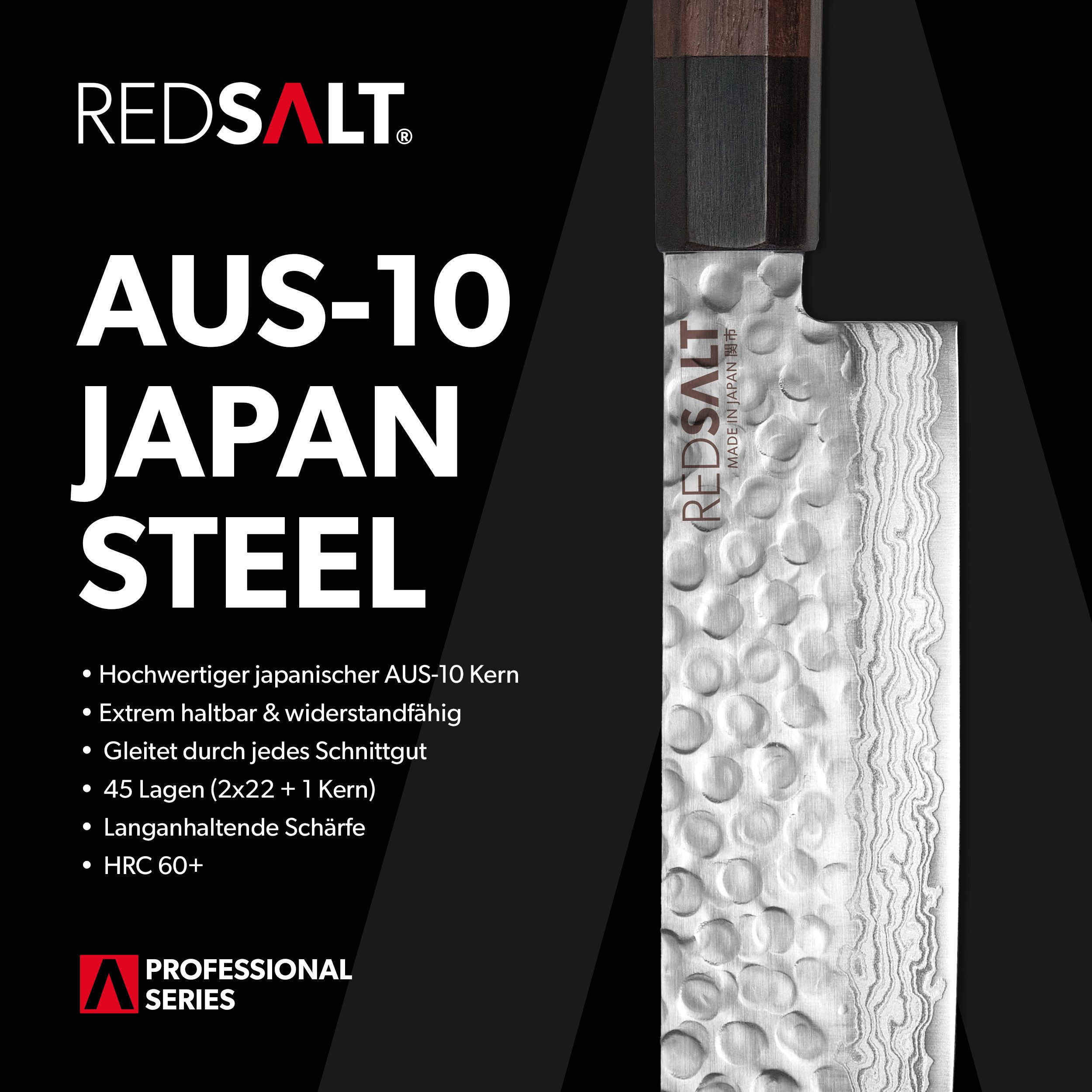 REDSALT® Damastmesser SANTOKU  18cm Profi Küchenmesser mit Ledertasche & Klingenschutz, handgefertigt, Made in Japan