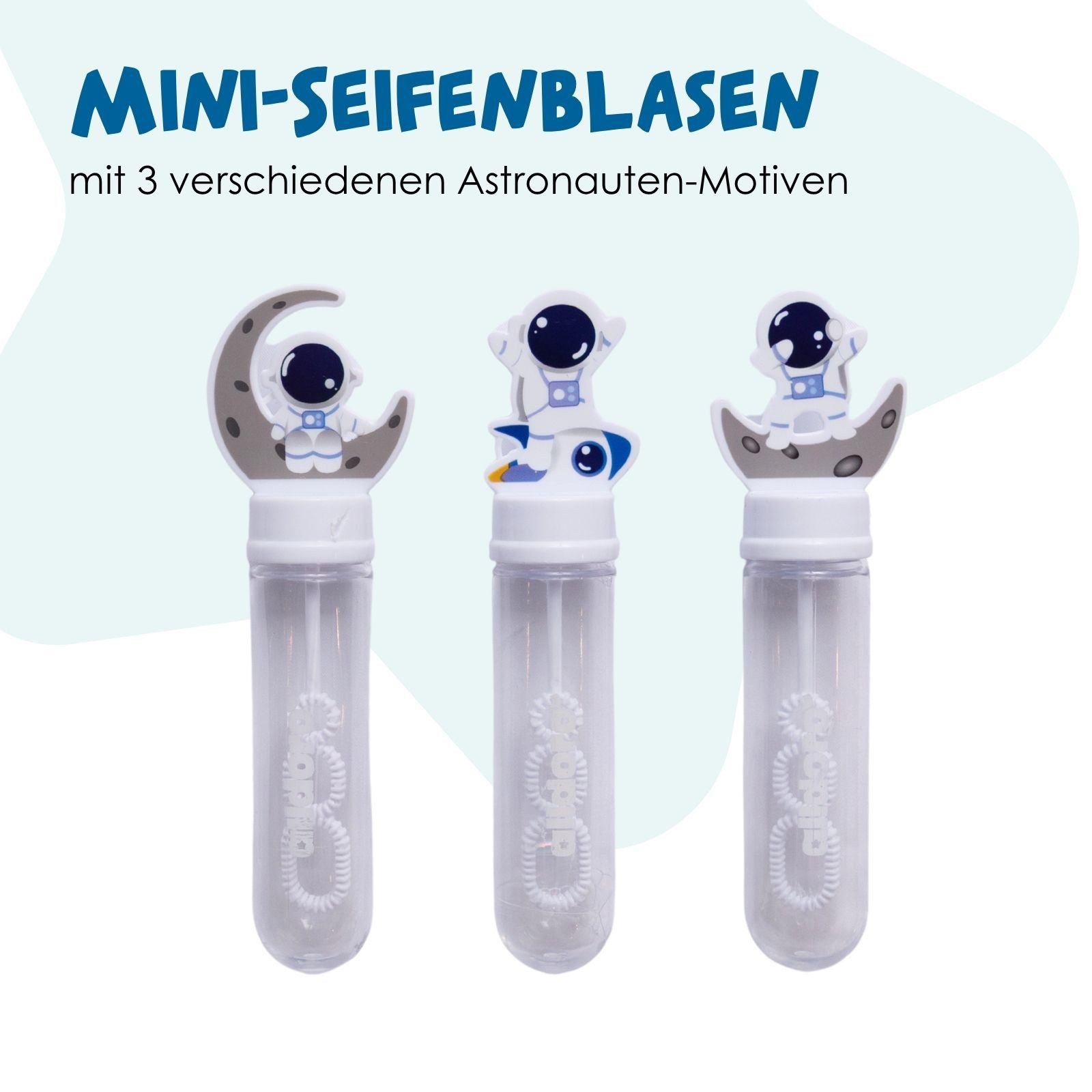 alldoro Seifenblasenstab 24er Set Mini Seifenblasen Astronaut, Mitgebsel für Kindergeburtstag, 24 kleine Seifenblasen-Stäbe für Kinder á 35ml Seifenblasenflüssigkeit