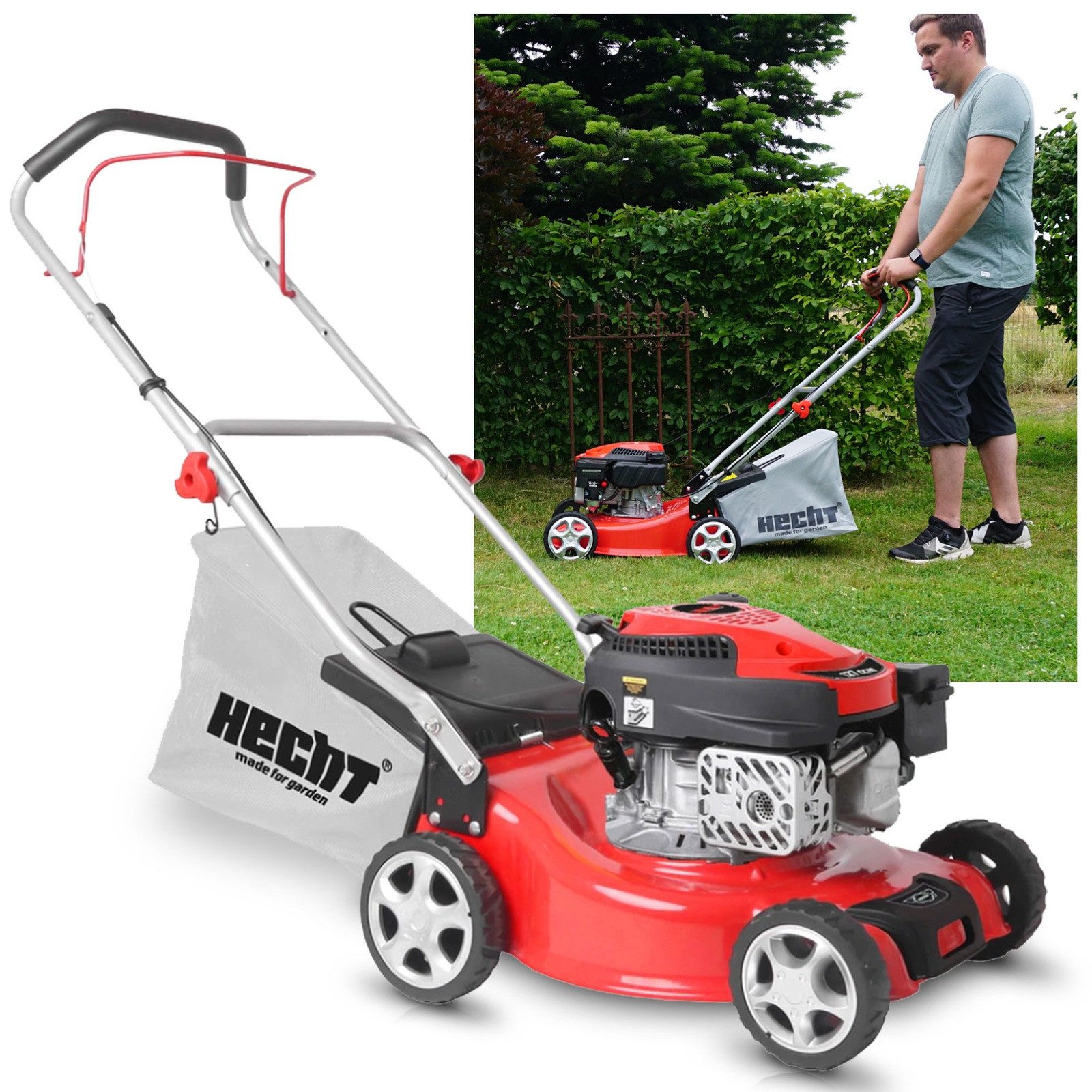 Hecht Benzinrasenmäher 540 mit Motoröl, 127 cm³ OHV, 40 l Fangkorb, Inklusive Motoroel, Stahlgehaeuse, Softgriff