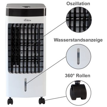 TroniTechnik Standventilator LK04 mit Wassertank,3-in-1 Air Cooler,Leiser Ventilator,Luftbefeuchter, Timer,Oszillation,3 verschiedene Intensitätsstufen,Kühlakkus inklusive