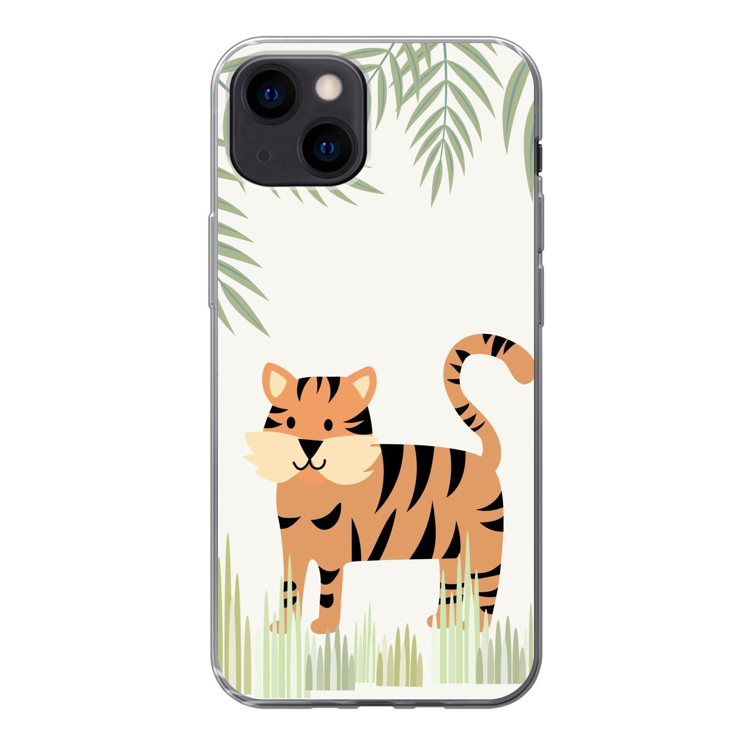 MuchoWow Handyhülle »Illustration eines Tigers im Dschungel«, Handyhülle  Apple iPhone 13 Mini, Smartphone-Bumper, Print, Handy