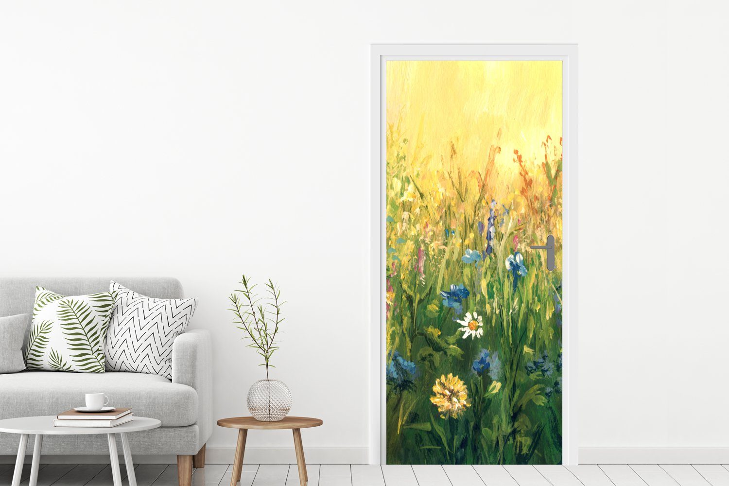 MuchoWow Türtapete Blumen - Aquarell - Sonne, Matt, bedruckt, (1 St), Selbstklebende Tapete, Folie für Möbel, 75x205 cm – Bild 2 von 5