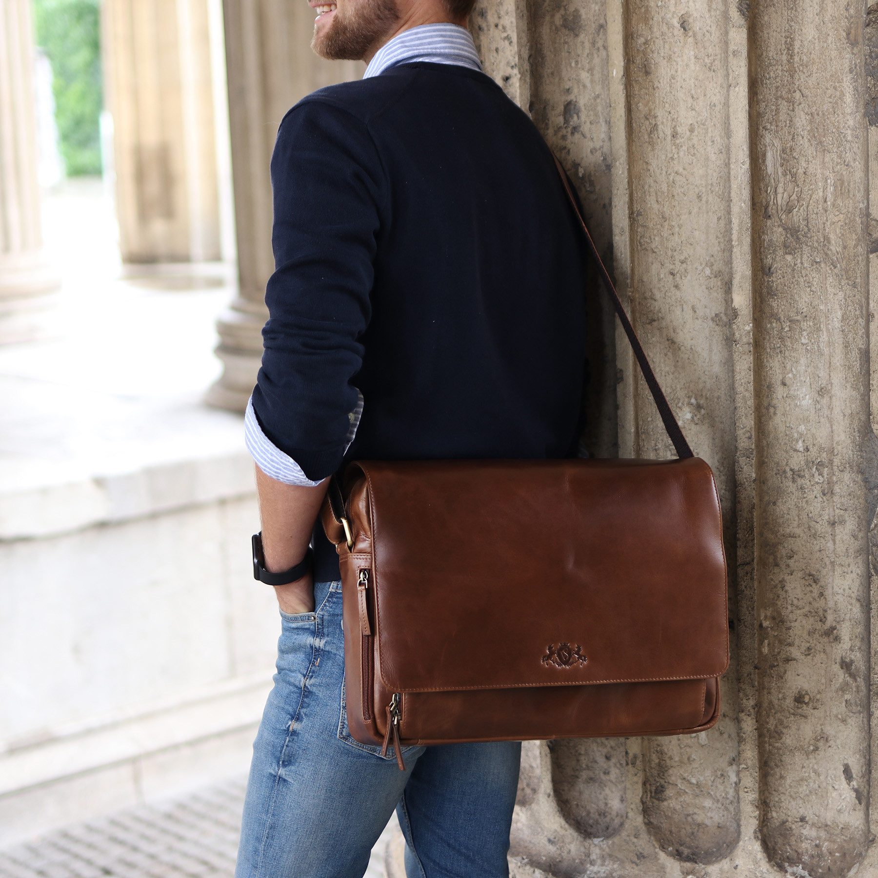 SID & VAIN Messenger Bag echt Leder Aktentasche 15 Zoll Laptop Fach braun, Laptoptasche 15,4 Zoll echt Leder Herren, Umhängetasche hellbraun