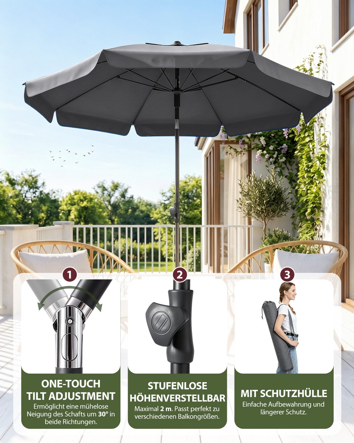 SUNULA Sonnenschirm 180 cm Balkon Balkonschirm mit Schutzhülle Gartenschirm mit Knickbar, Gartenschirm Höhenverstellbarem, UPF 50+ UV-Schutz