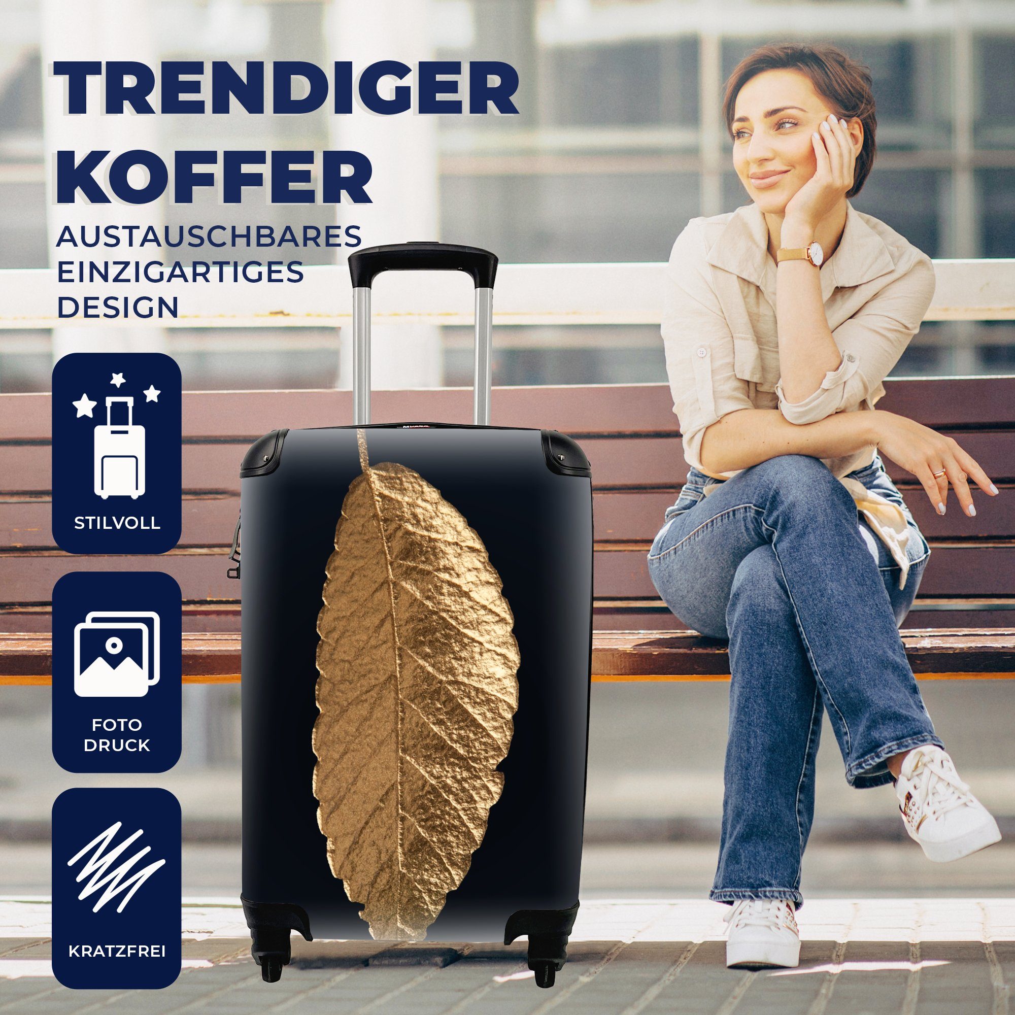 Ferien, mit Reisekoffer - Reisetasche Schwarz - - 4 Gold Trolley, MuchoWow Handgepäck Natur, rollen, Handgepäckkoffer Blätter Rollen, - Luxus für