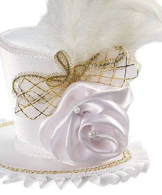 Karneval-Klamotten Kostüm Mini Zylinder Satin weiß mit Blume Federn, Karneval und Party Hut mit Goldband