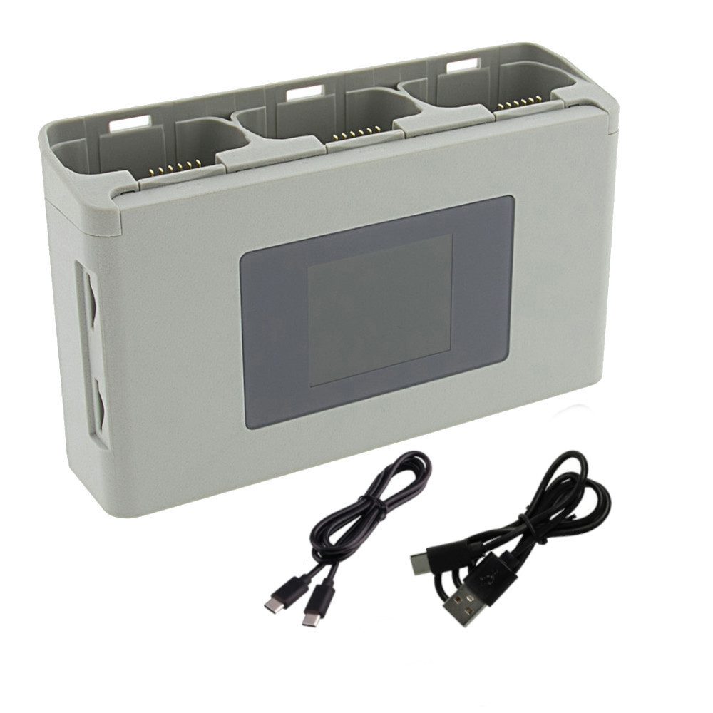Trade-Shop Triple Ladegerät passend für DJI Mini 2, Mavic Mini, Mini SE, Mini 4K Zubehör Drohne (mit Powerbank und SD-Speicherkartenaufbewahrung / Anschluss über USB-C)