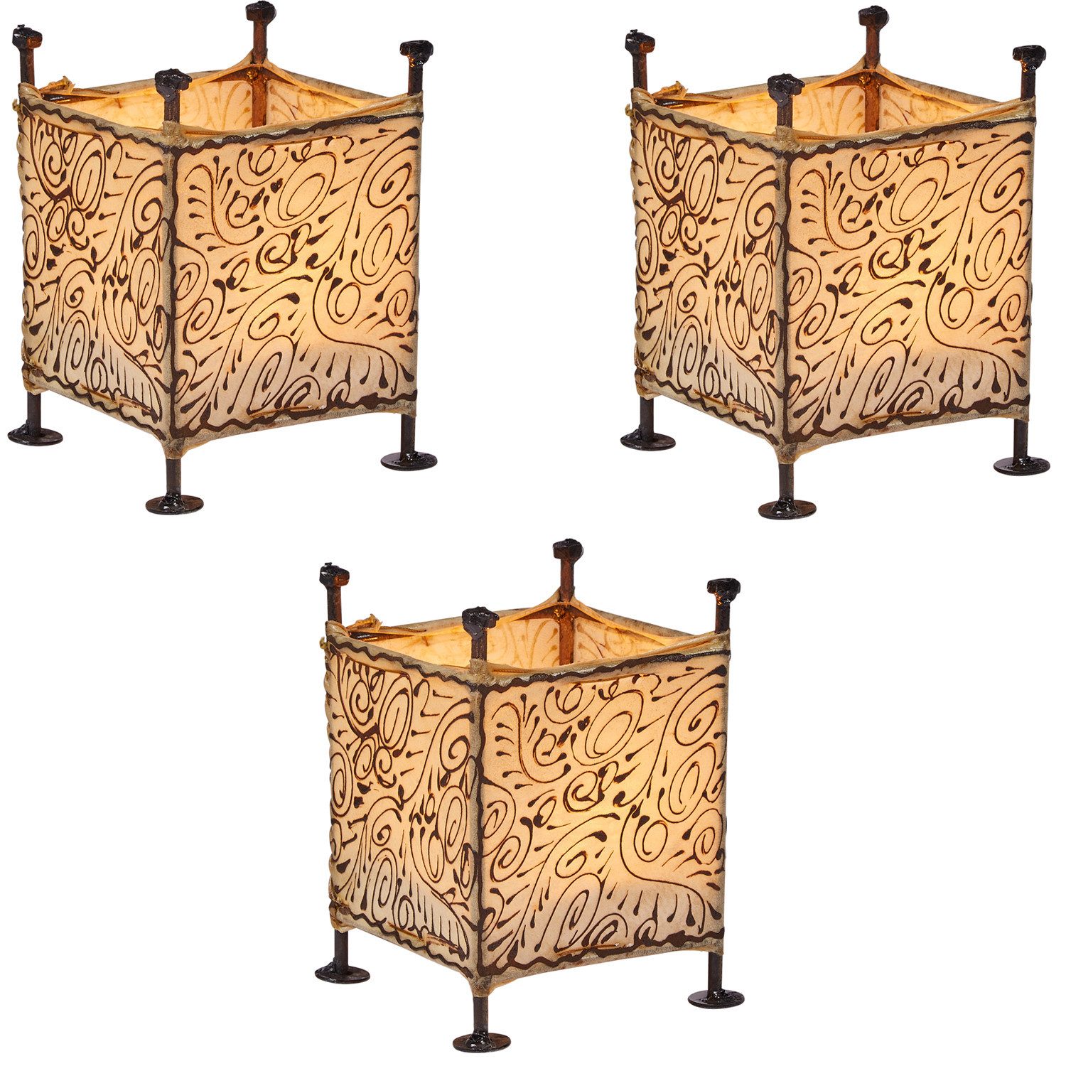 Marrakesch Orient & Mediterran Interior Windlicht 3er-Set Windlichter Budur im Orient-Stil, aus Ziegenleder, Natur 15 cm (3 St), Handarbeit