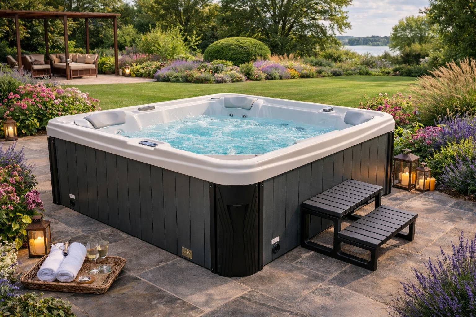 Teico Whirlpool SET 220x220cm SPA LED Farblicht Outdoor Indoor Pool 5 Pers.(Teico-008), Aufstellbecken, inkl. Thermoabdeckung