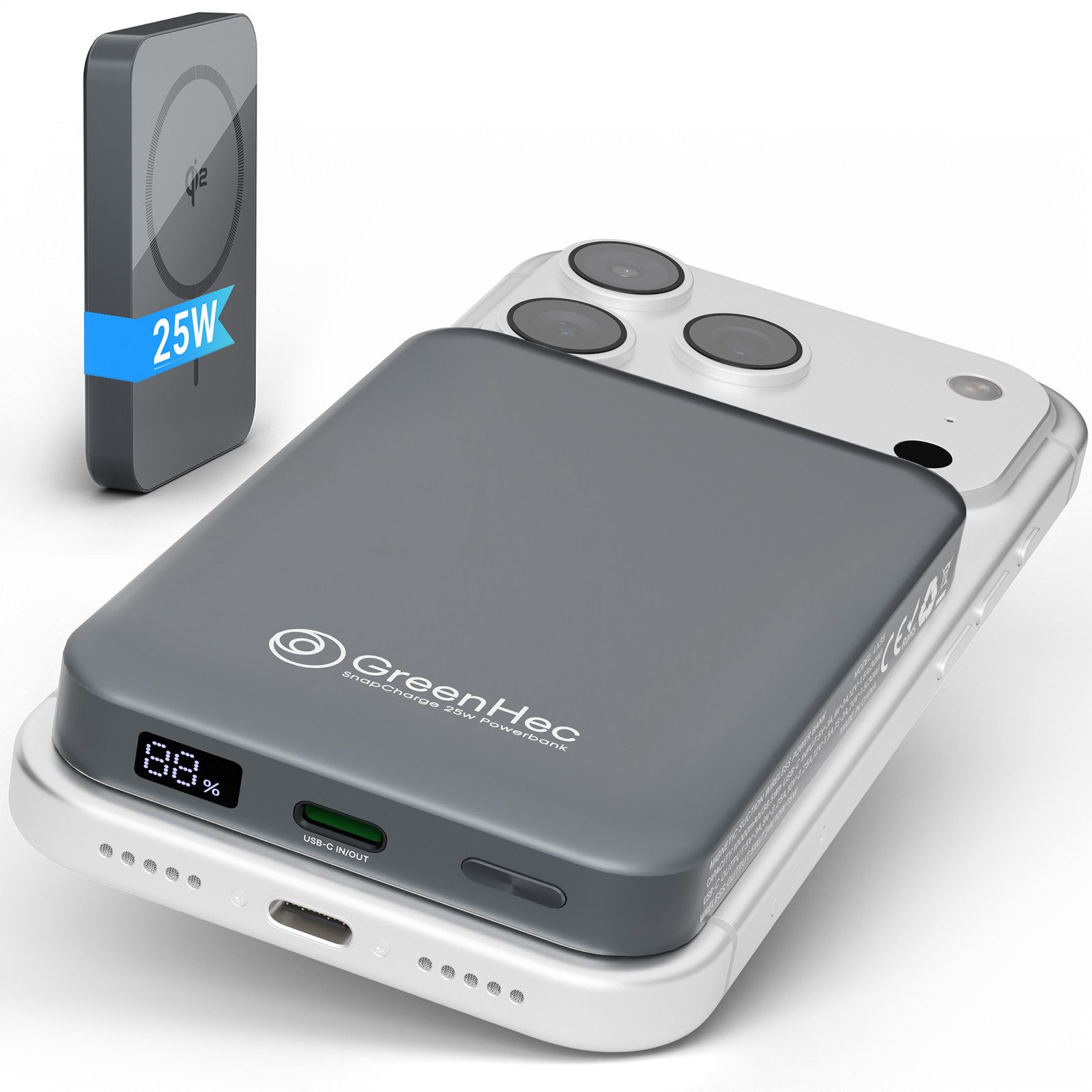 GreenHec 25w Powerbank Wireless Charging 10000mAh iPhone 17 16 Pro Max Air Plus Powerbank A 10000 mAh (1.5 V), MagSafe Kabellos Magnet Induktives Laden Akku Battery Portable Schnell