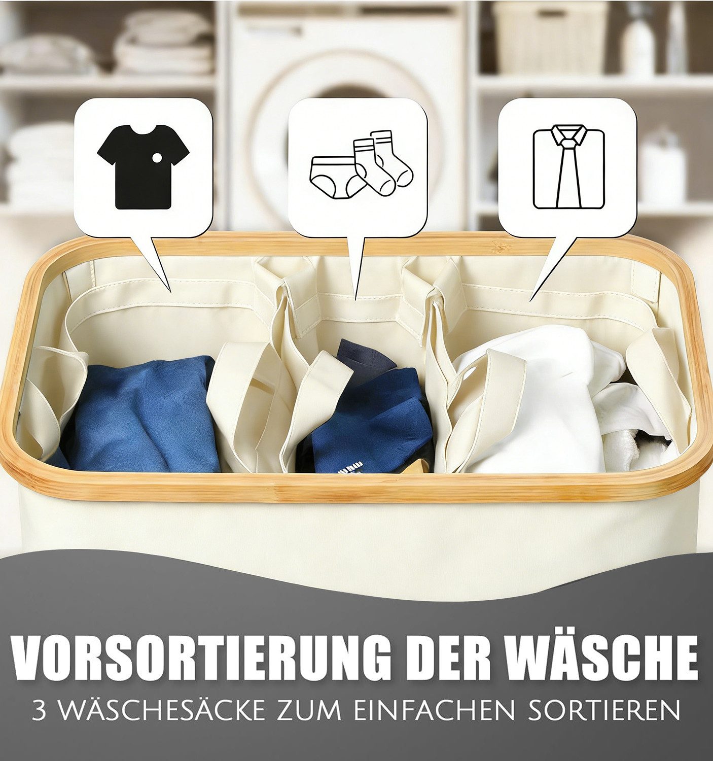 skelo Wäschekorb Wäschekorb 3 Fächer, 160 L Wäschesammler mit Deckel, 57 × günstig online kaufen