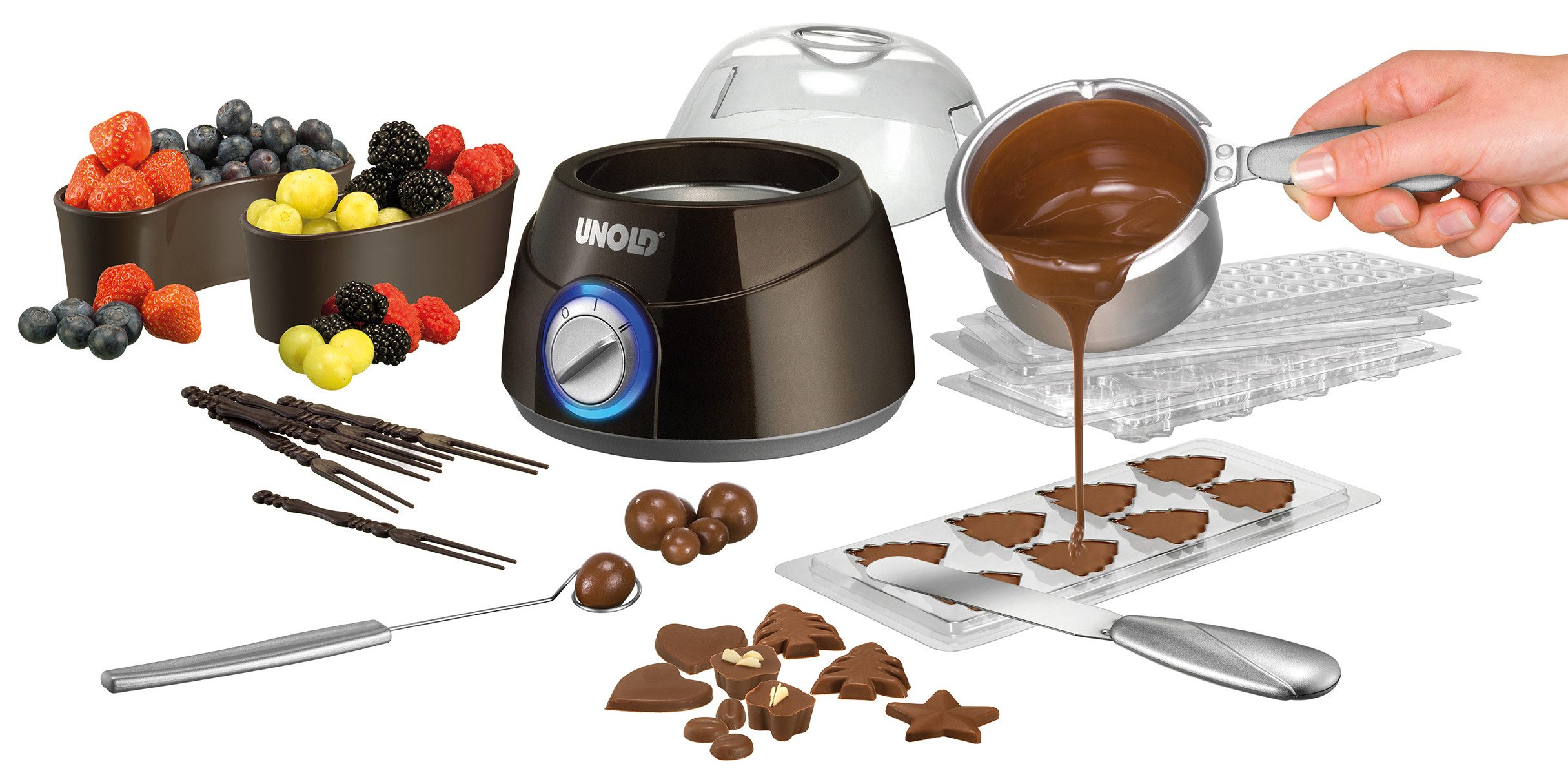 Unold Fondue Chocolatier 48667, 0,25 l, entnehmbarer Topf 2 Temperaturstufen mit umfangreichem Zubehör