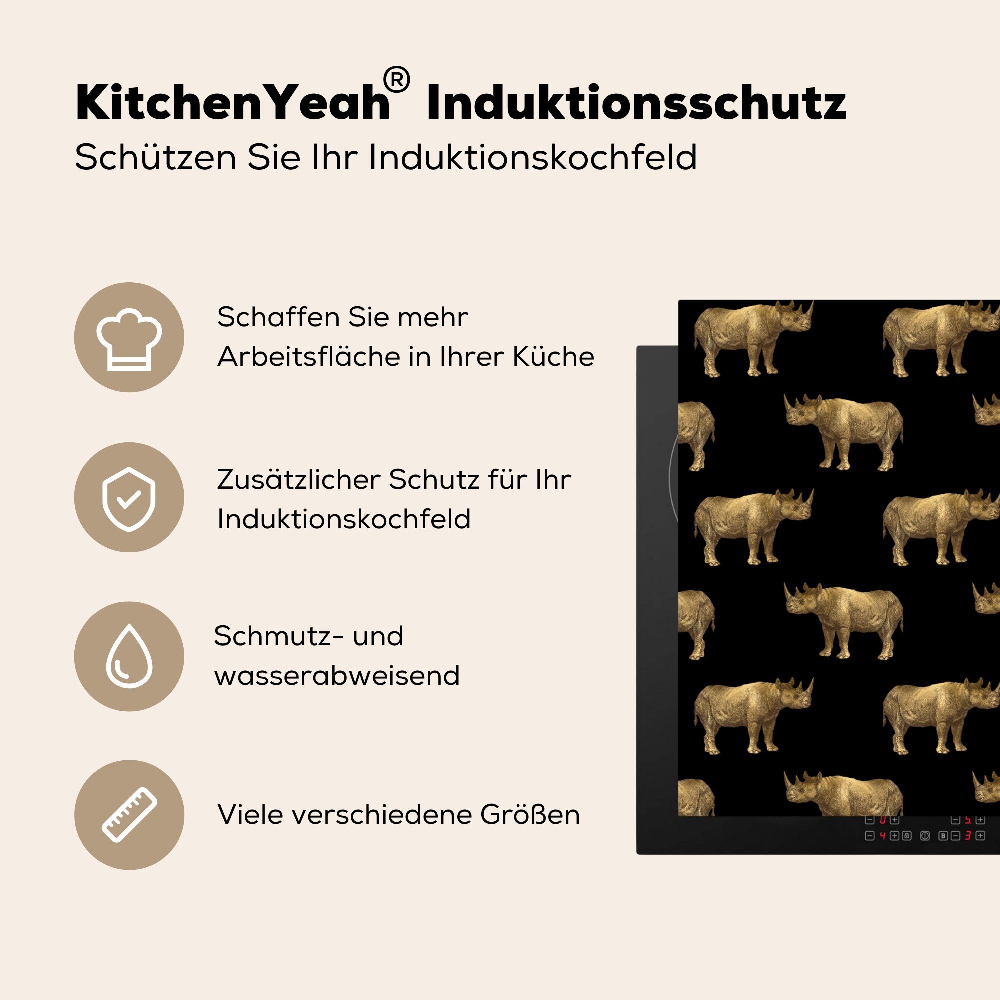 MuchoWow Herdblende-/Abdeckplatte Nashorn Arbeitsplatte - Gold Vinyl, - - für 78x78 küche Muster (1 tlg), Schwarz, cm, Ceranfeldabdeckung