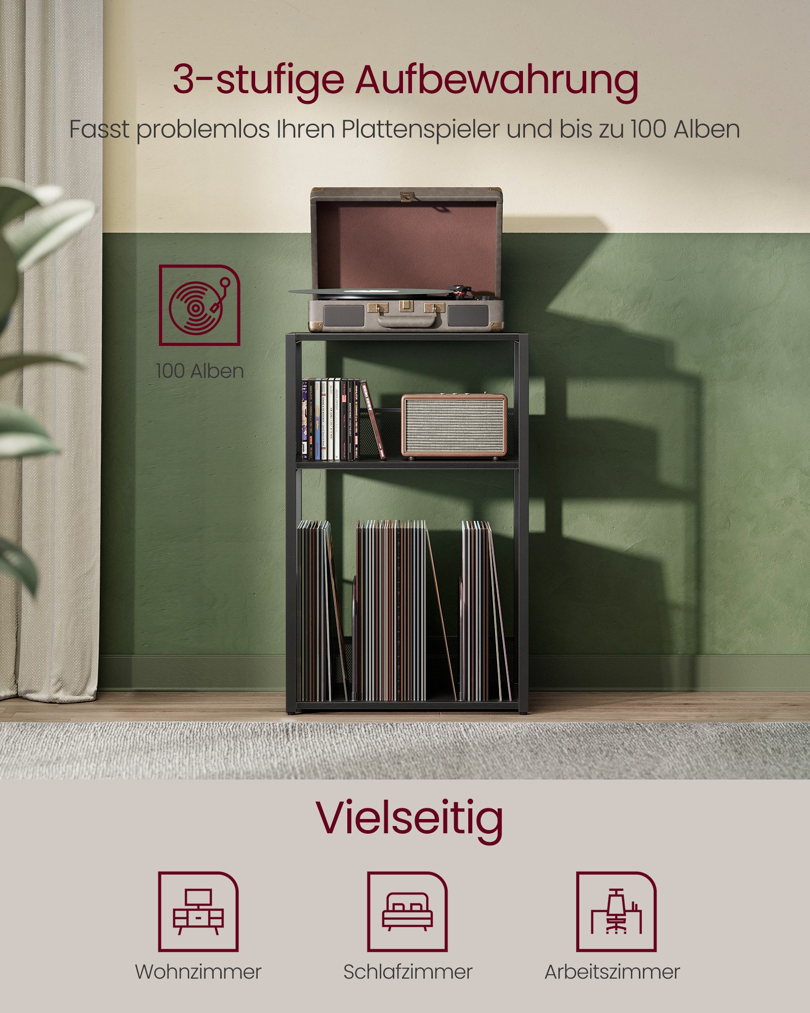 VASAGLE Beistelltisch, Plattenspieler-Ständer, 3 Etagen, Beistelltisch, Schallplatten