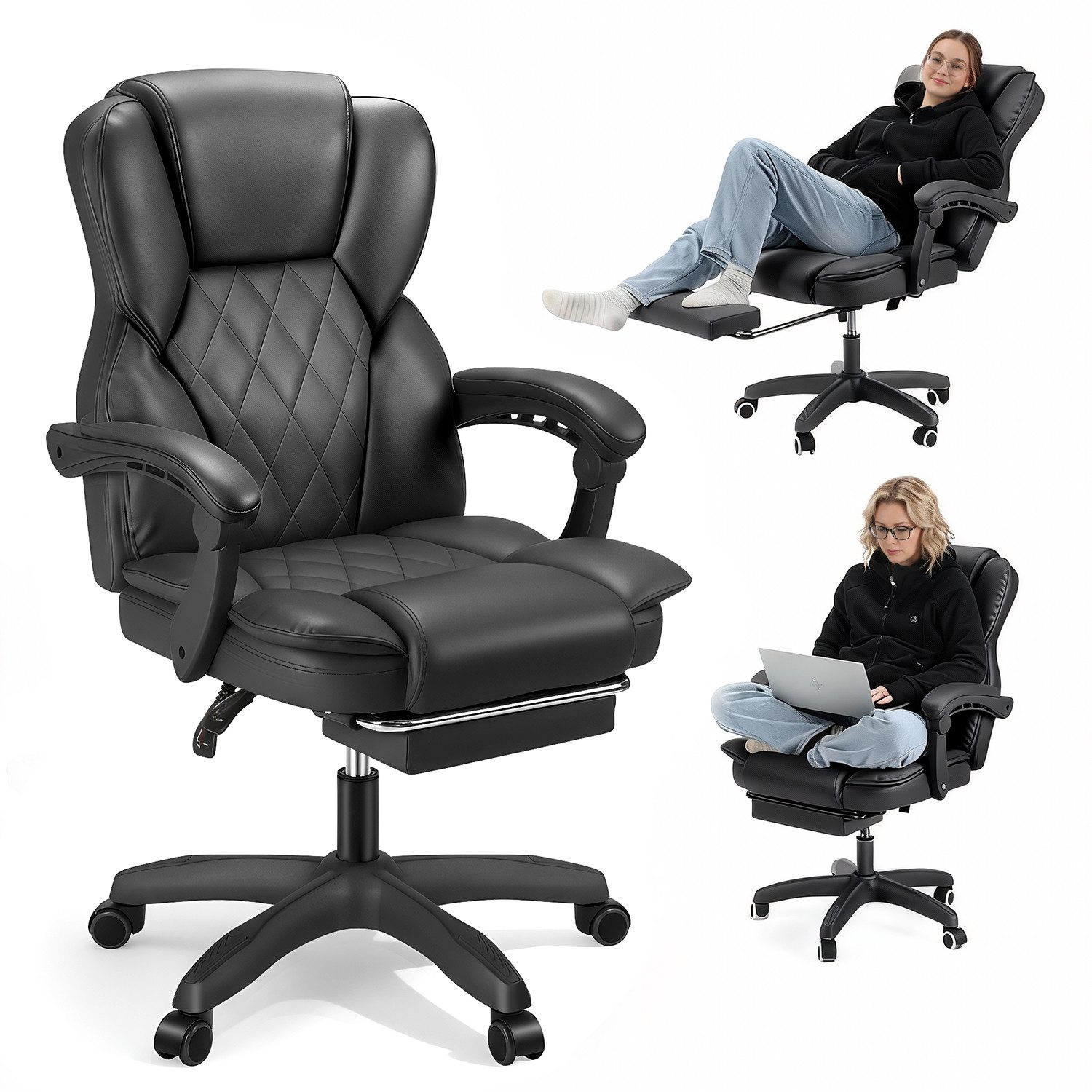 oyajia Bürostuhl Ergonomisch,mit Fußstütze, 135° neigbar (Drehstuhl aus PU leder, Belastbarkeit bis 150 kg), Schreibstuhl Höhenverstellbar, für Wohnzimmer, Büro